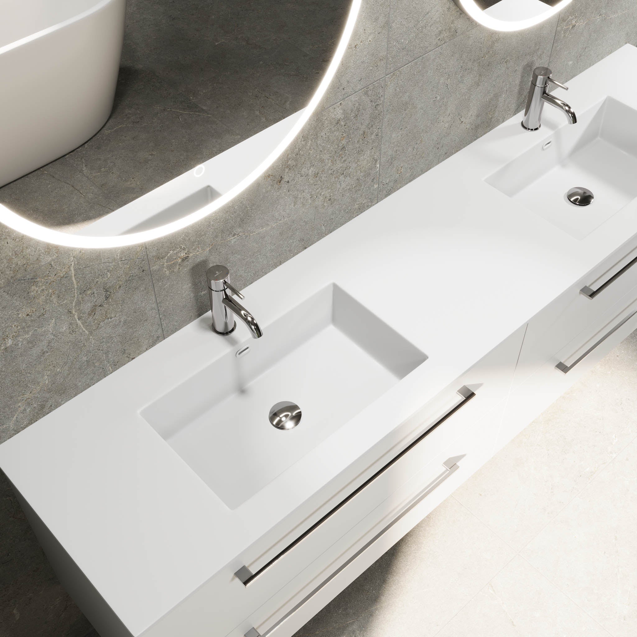 Badmøbel med klassiske fronter - 200x46x57 cm - mat hvid - solid surface dobbeltvask - Viborg