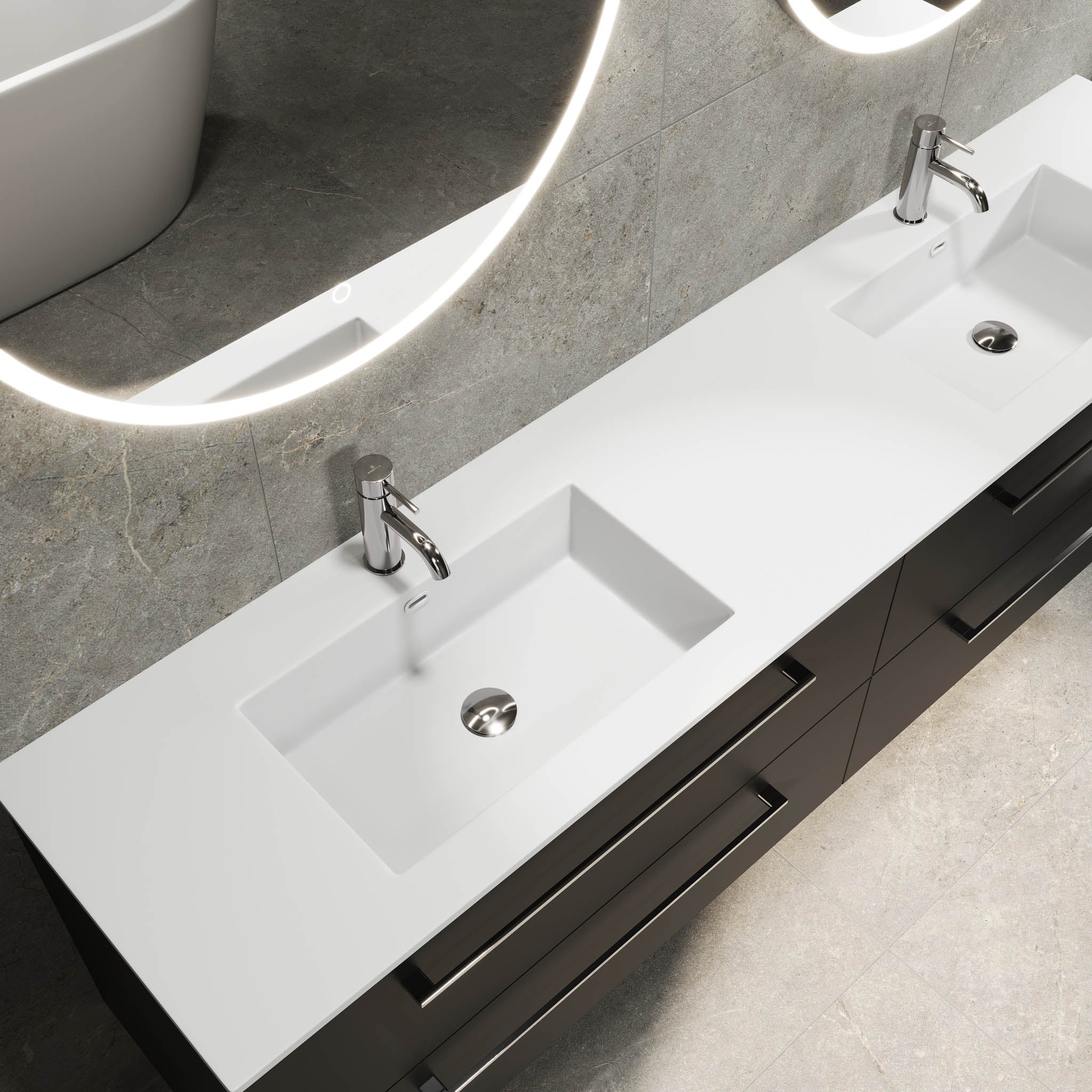 Badmøbel med klassiske fronter - 200x46x57 cm - mat sort - solid surface dobbeltvask - Viborg
