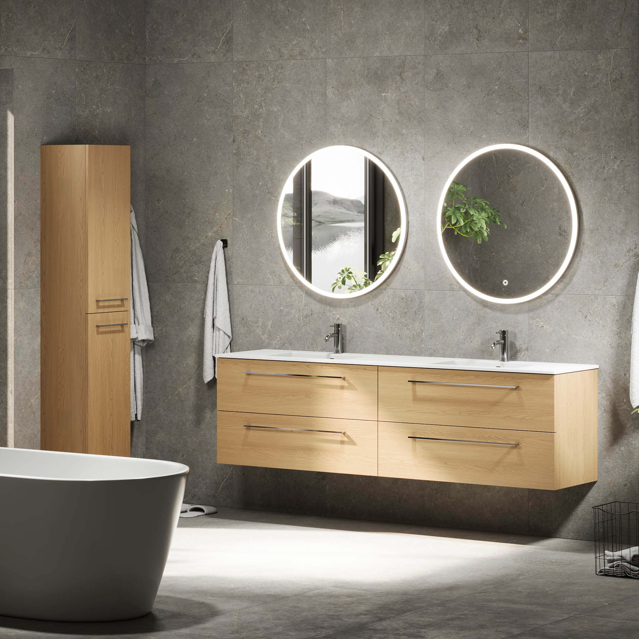 Badmøbel med klassiske fronter - 200x46x57 cm - eg - solid surface dobbeltvask - Viborg