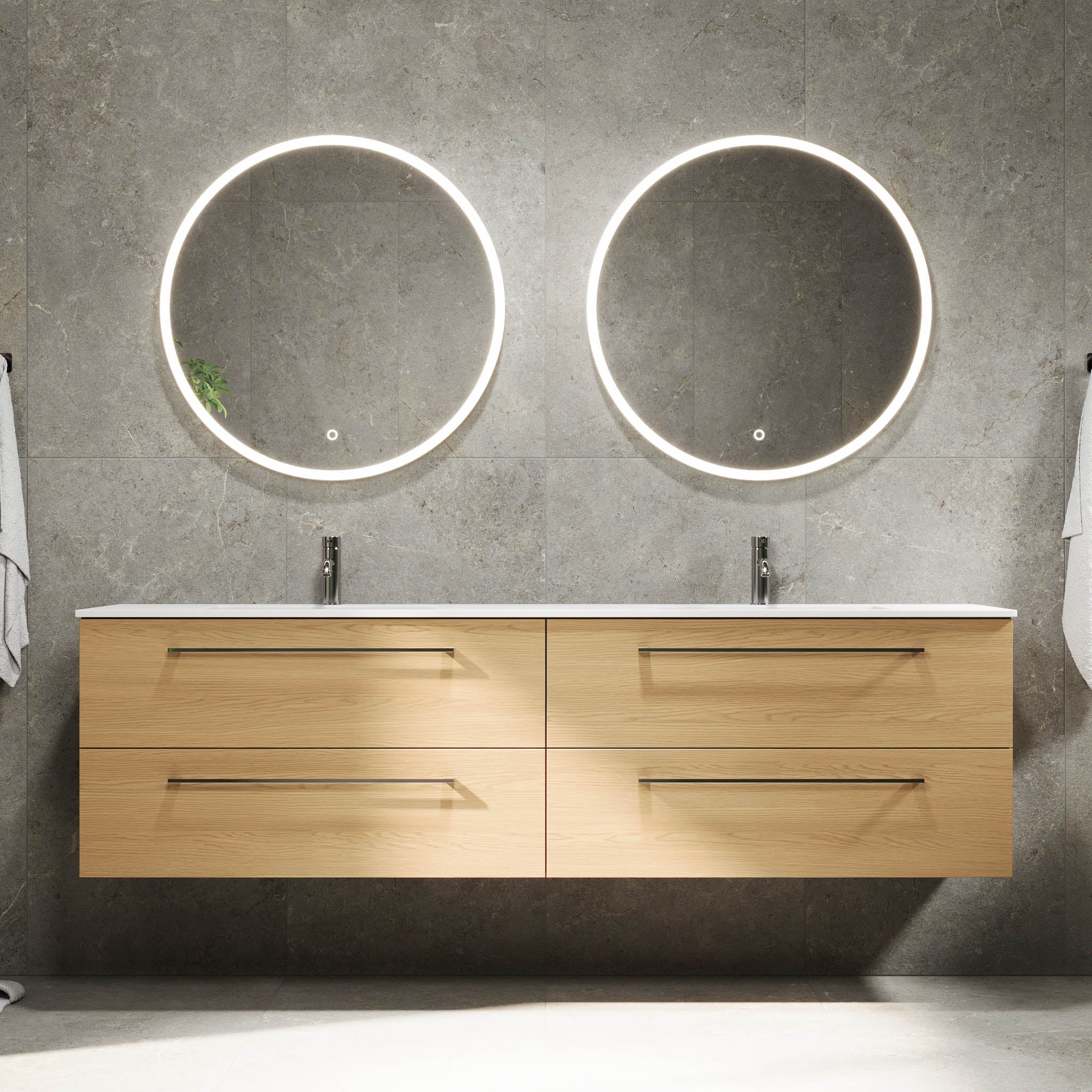 Badmøbel med klassiske fronter - 200x46x57 cm - eg - solid surface dobbeltvask - Viborg