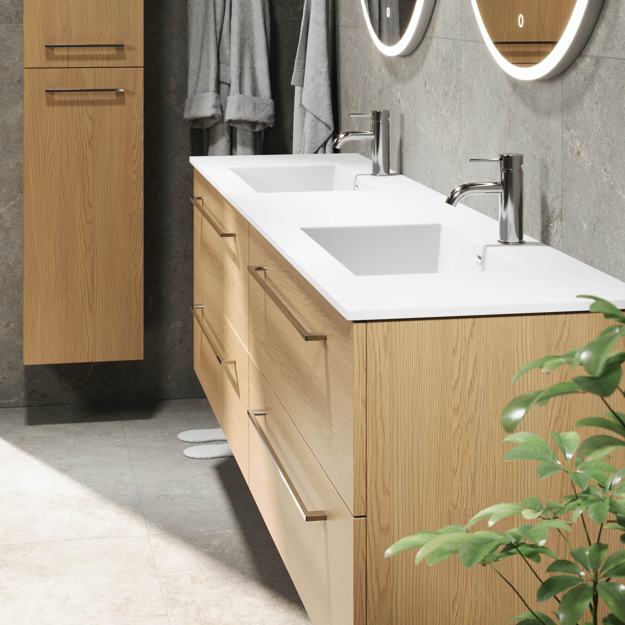 Badmøbel med klassiske fronter - 200x46x57 cm - eg - solid surface dobbeltvask - Viborg