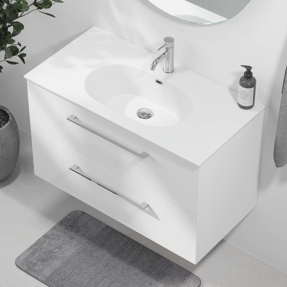 Badmøbel med klassisk front - 80x46x57 cm - Mat hvid - Håndvask i mat hvid solid surface - Harstad