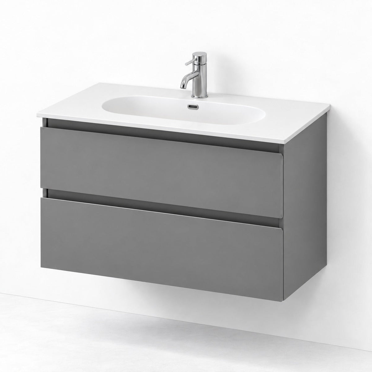 Badmøbel med klassisk integreret front - 80x36x57 cm - SLIM - Mat grå - Håndvask i mat hvid solid surface - Skagen