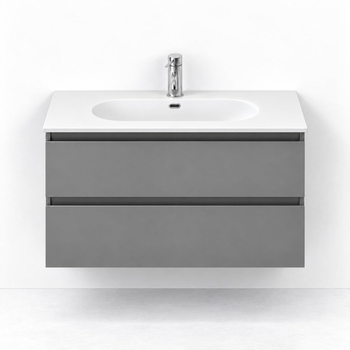 Badmøbel med klassisk integreret front - 80x36x57 cm - SLIM - Mat grå - Håndvask i mat hvid solid surface - Skagen