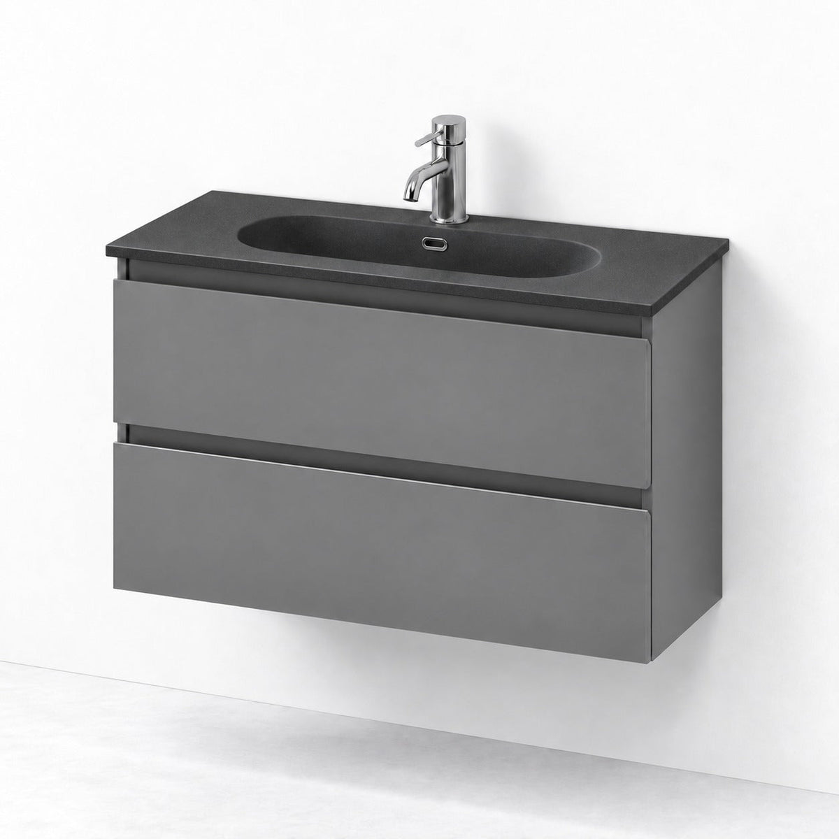 Badmøbel med klassisk integreret front - 80x36x57 cm - SLIM - Mat grå - Håndvask i mat sort solid surface med kvartssten - Skagen