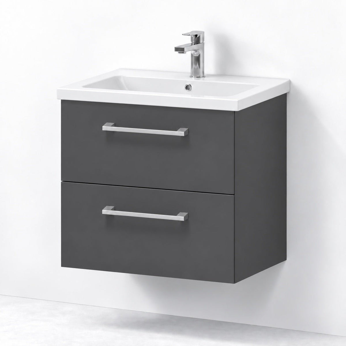 Badmøbel med klassisk front - 60x46x58 cm - Antracitgrå - Hvid keramisk håndvask - Viggo
