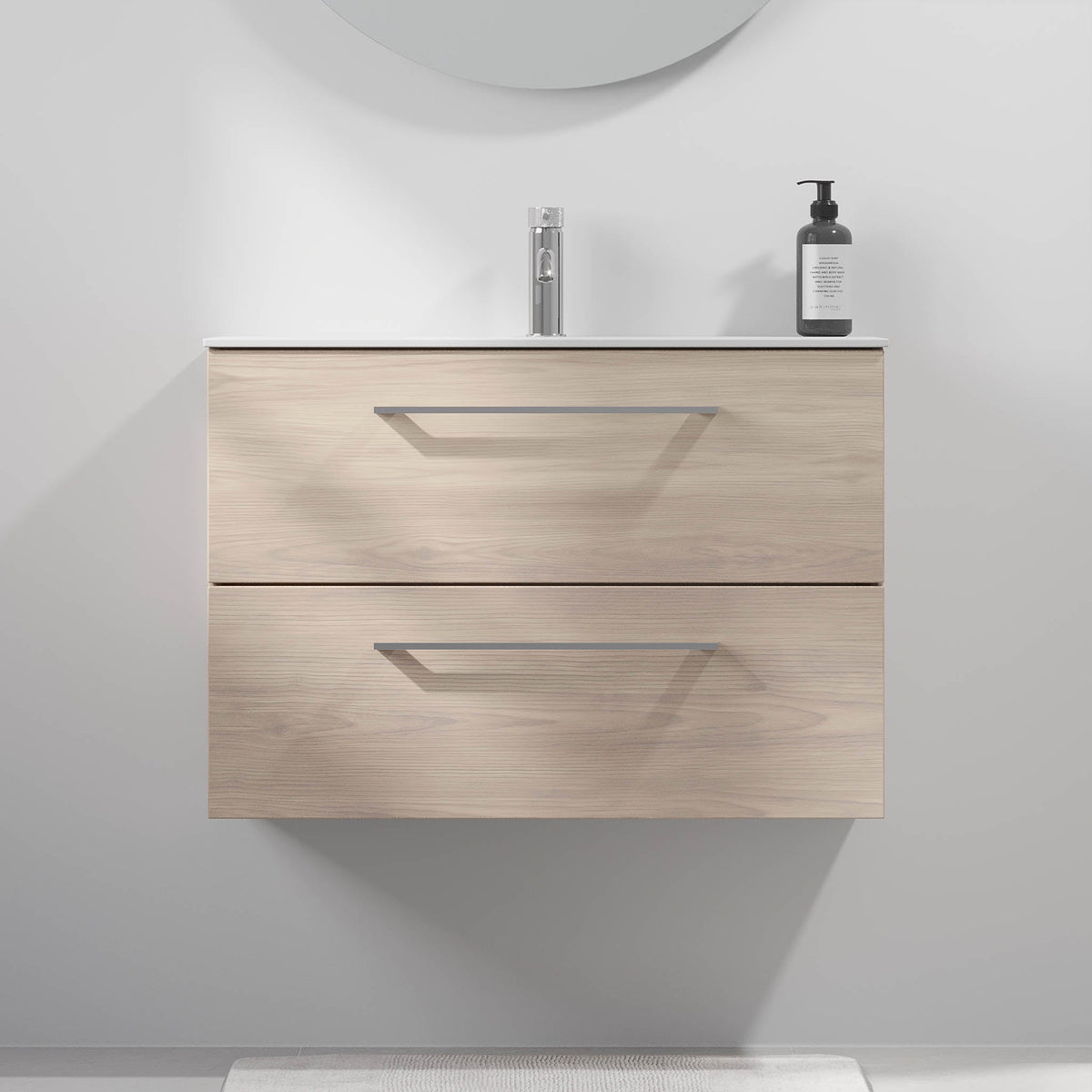 Badmøbel med klassisk front - 80x36x57 cm - SLIM - Lys træ - Håndvask i mat hvid solid surface - Harstad