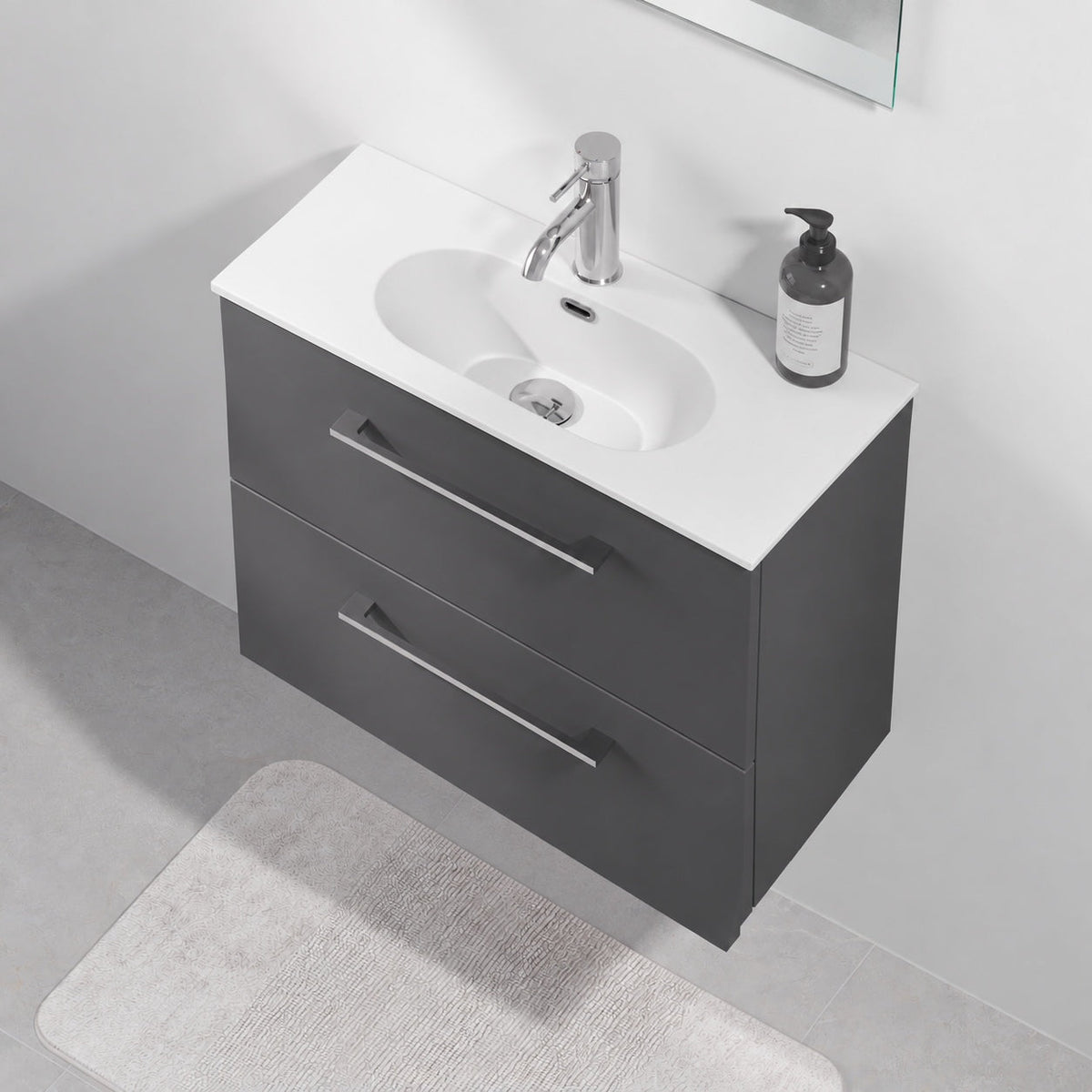 Badmøbel med klassisk front - 80x36x57 cm - SLIM - Antracitgrå - Håndvask i mat hvid solid surface - Harstad