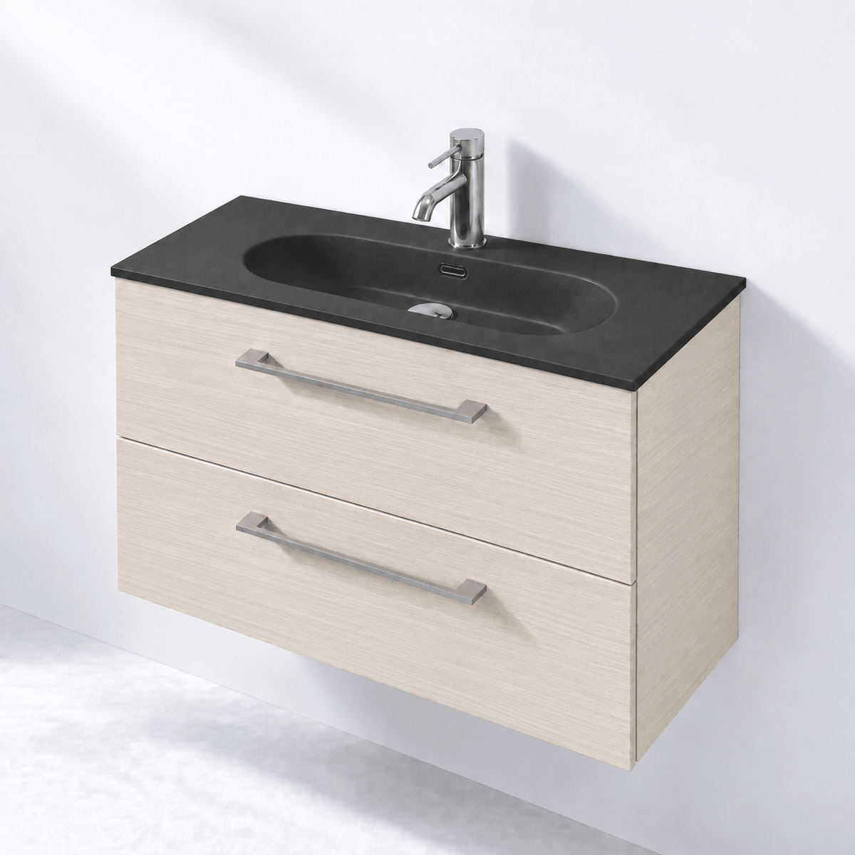 Badmøbel med klassisk front - 80x36x57 cm - SLIM - Lys træ - Håndvask i mat sort solid surface med kvartssten - Horten