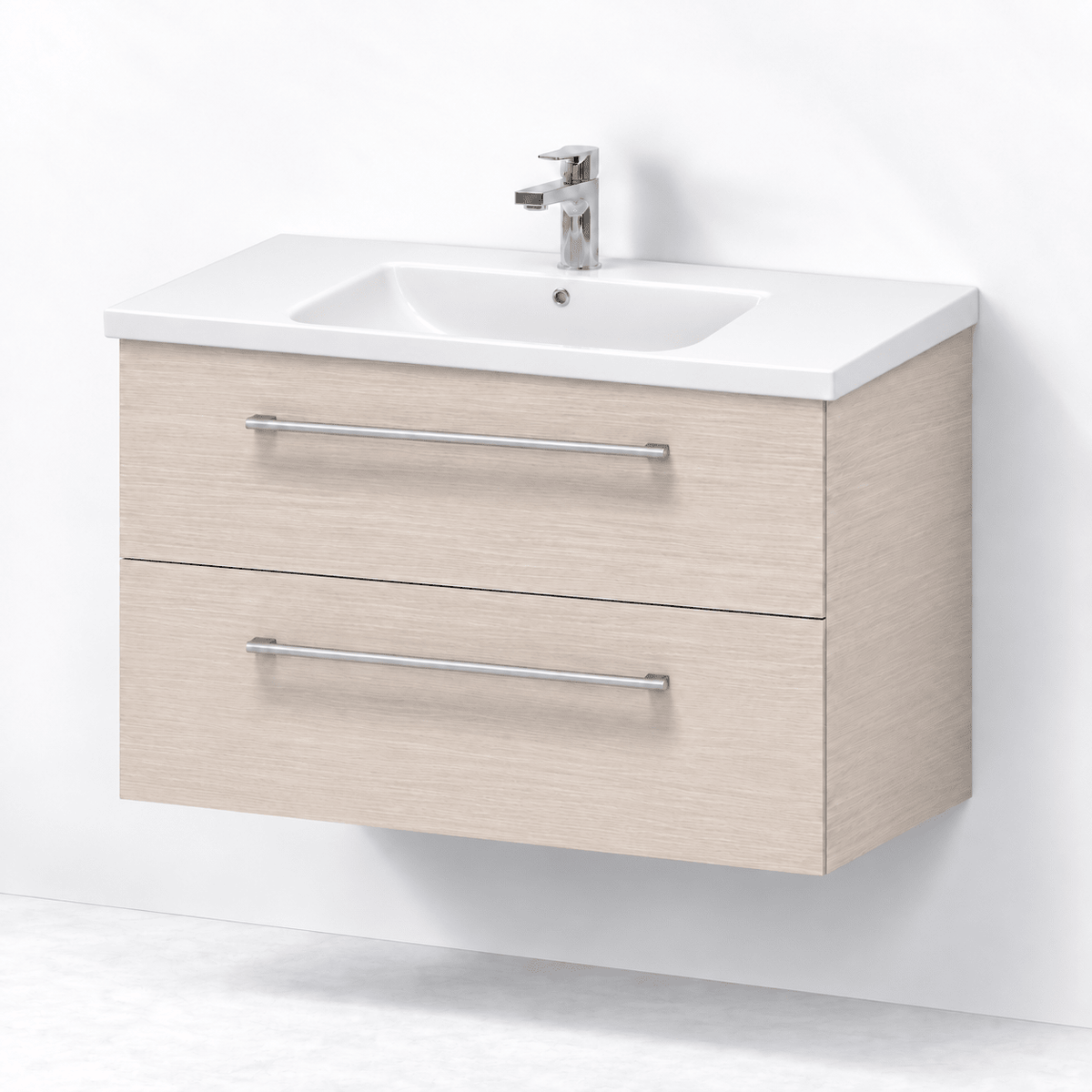 Badmøbel med klassisk front - 100x46x58 cm - Lys træ - Hvid keramisk håndvask - Viggo