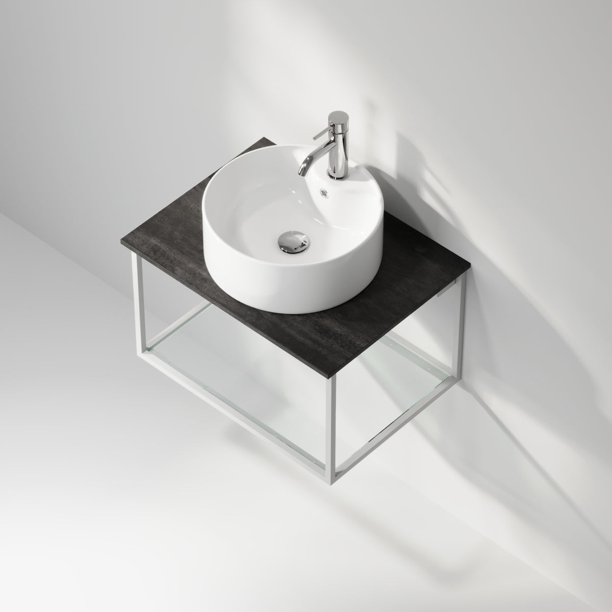 Badmøbel med åben metalramme og bund i hærdet glas - 60x46x50 cm - Mat hvid - Hvid fritstående keramisk håndvask - Bordplade i betonlook - Stenstorp