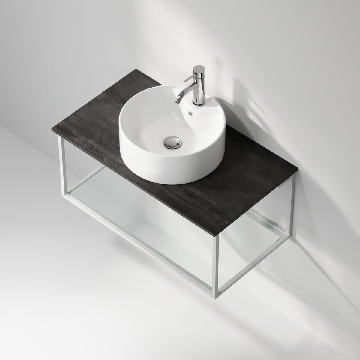 Badmøbel med åben metalramme og bund i hærdet glas - 80x46x50 cm - Mat hvid - Hvid fritstående keramisk håndvask - Bordplade i betonlook - Stenstorp
