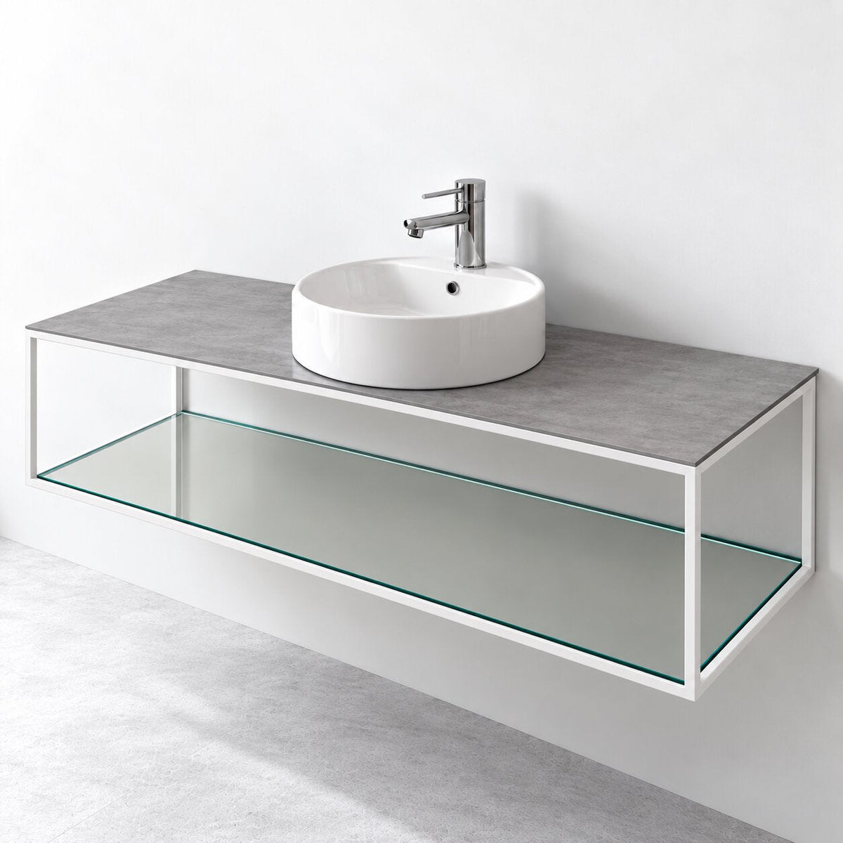 Badmøbel med åben metalramme og bund i hærdet glas - 100x46x50 cm - Mat hvid - Hvid fritstående keramisk håndvask - Bordplade i betonlook - Stenstorp