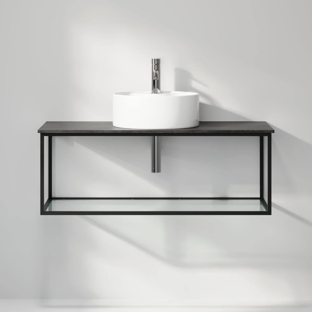 Badmøbel med åben metalramme og bund i hærdet glas - 100x46x50 cm - Mat sort - Hvid fritstående keramisk håndvask - Bordplade i betonlook - Stenstorp