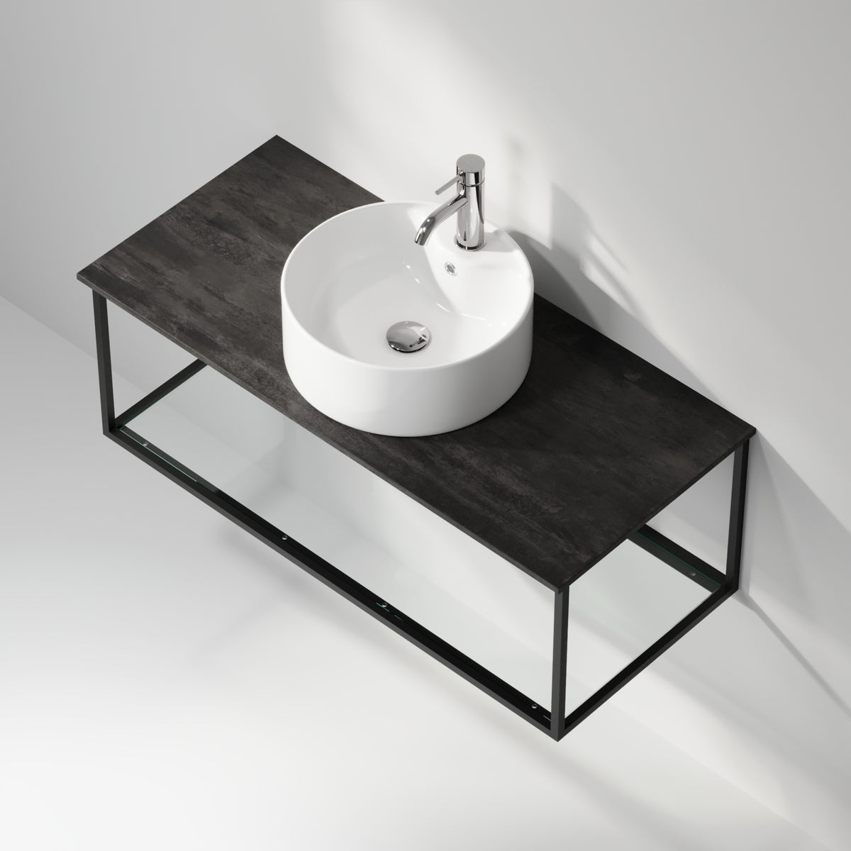 Badmøbel med åben metalramme og bund i hærdet glas - 100x46x50 cm - Mat sort - Hvid fritstående keramisk håndvask - Bordplade i betonlook - Stenstorp