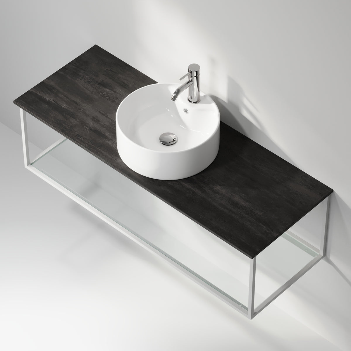 Badmøbel med åben metalramme og bund i hærdet glas - 120x46x50 cm - Mat hvid - Hvid fritstående keramisk håndvask - Bordplade i betonlook - Stenstorp