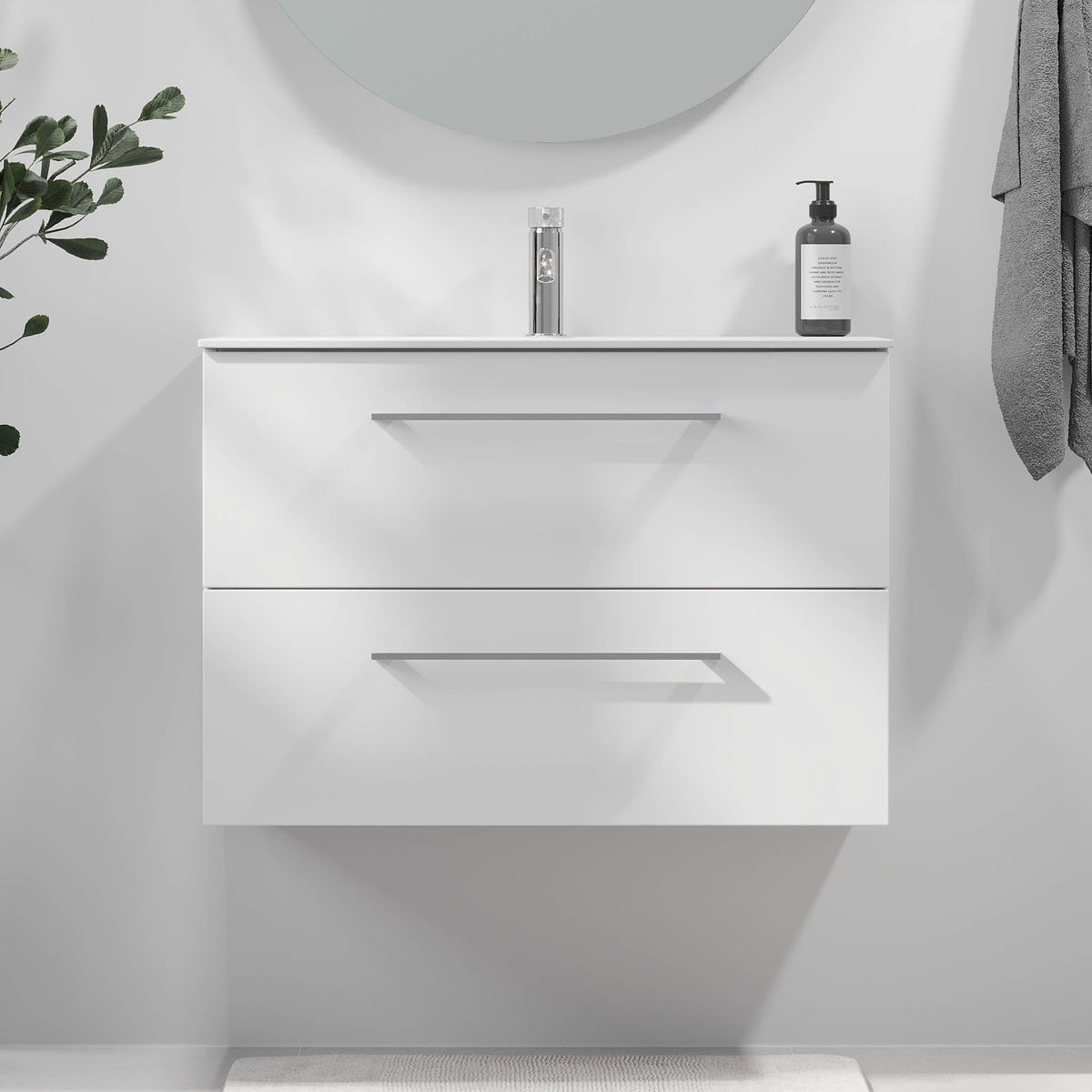 Badmøbel med klassisk front - 80x46x57 cm - Mat hvid - Håndvask i mat hvid solid surface - Harstad