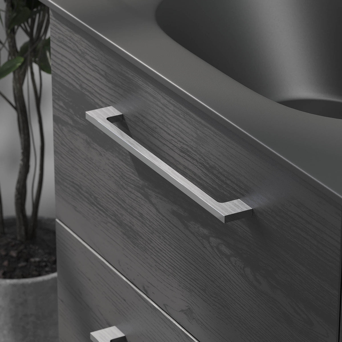 Badmøbel med klassisk front - 90x46x57 cm - Sort trælook - Håndvask i mat sort solid surface med kvartssten - Horten