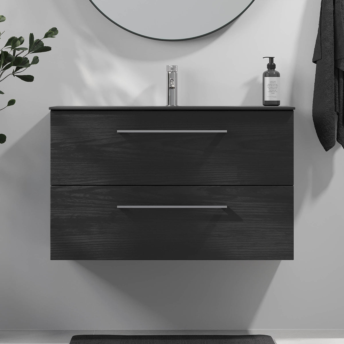 Badmøbel med klassisk front - 90x46x57 cm - Sort trælook - Håndvask i mat sort solid surface med kvartssten - Horten