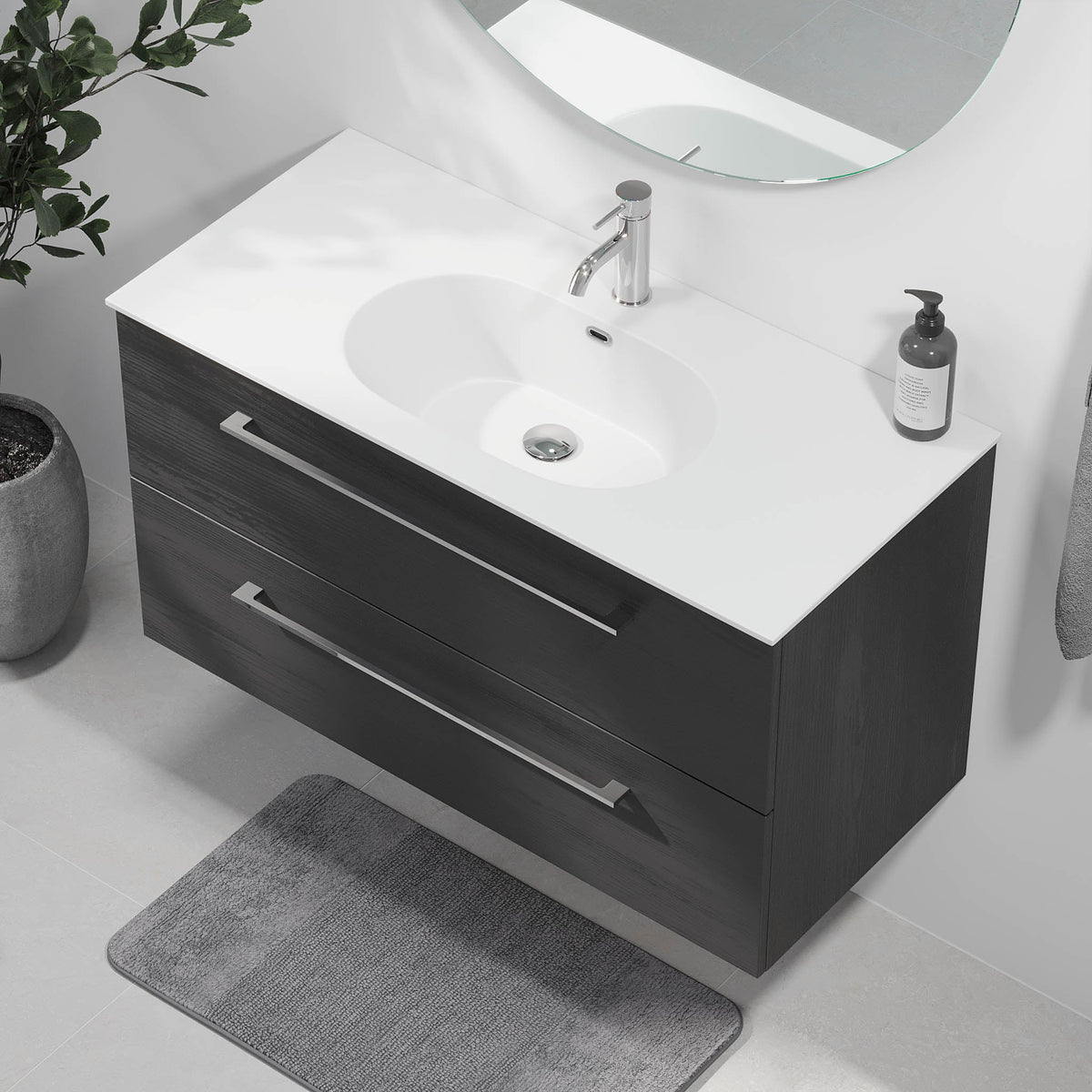 Badmøbel med klassisk front - 90x46x57 cm - Sort trælook - Håndvask i mat hvid solid surface - Harstad