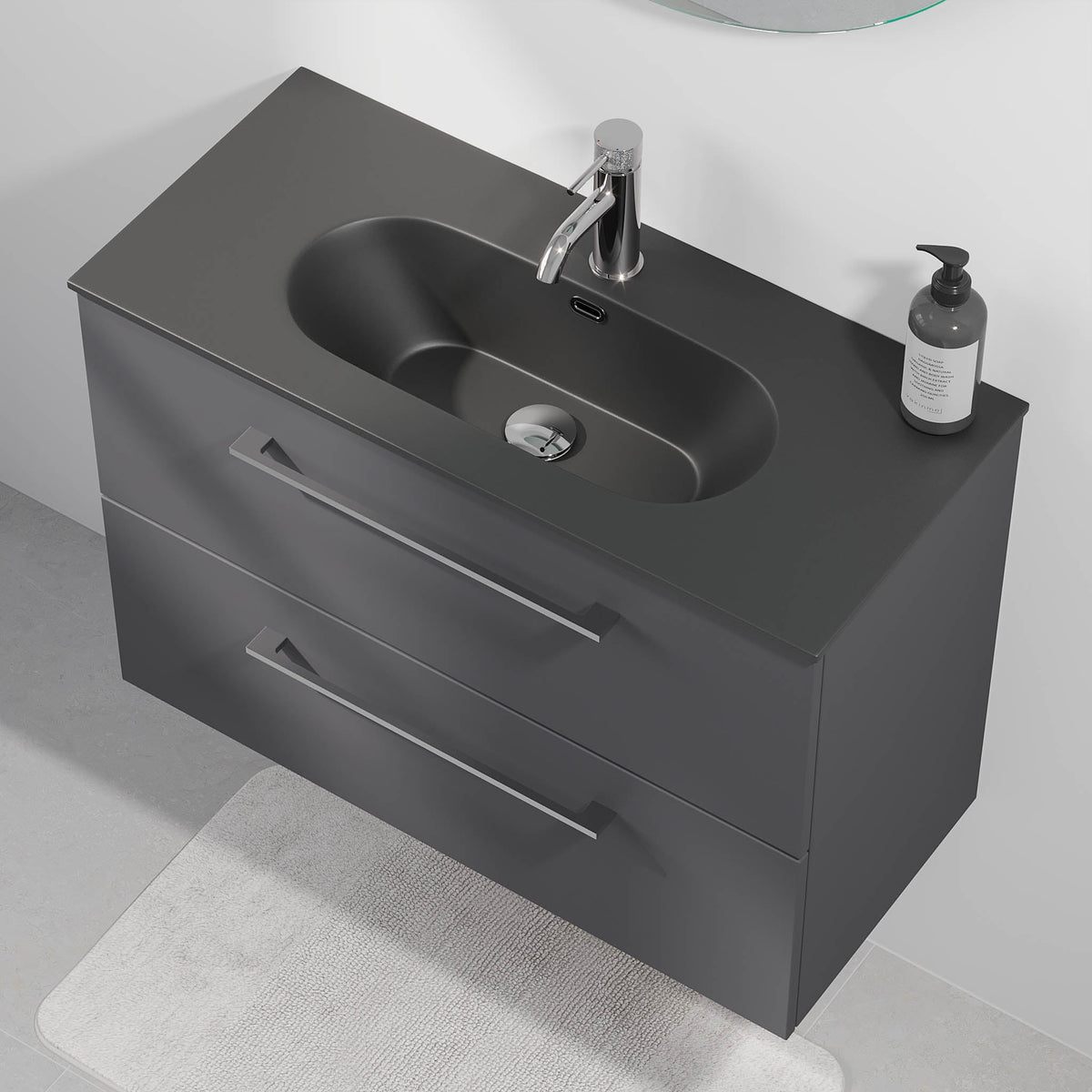Badmøbel med klassisk front - 80x36x57 cm - SLIM - Antracitgrå - Håndvask i mat sort solid surface med kvartssten - Horten