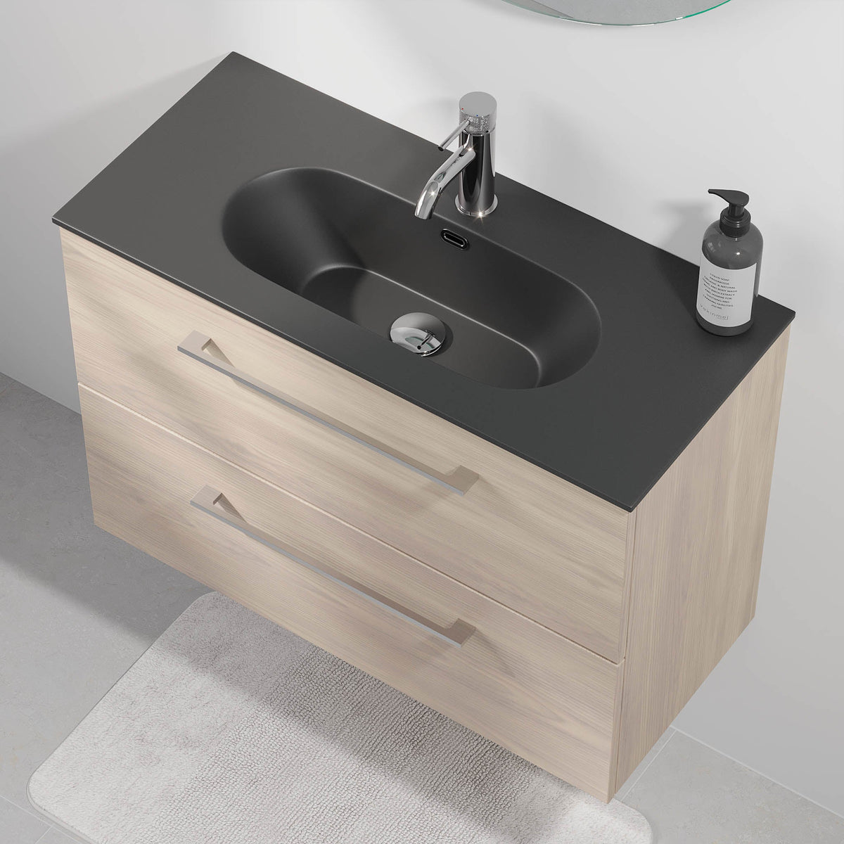 Badmøbel med klassisk front - 80x36x57 cm - SLIM - Lys træ - Håndvask i mat sort solid surface med kvartssten - Horten