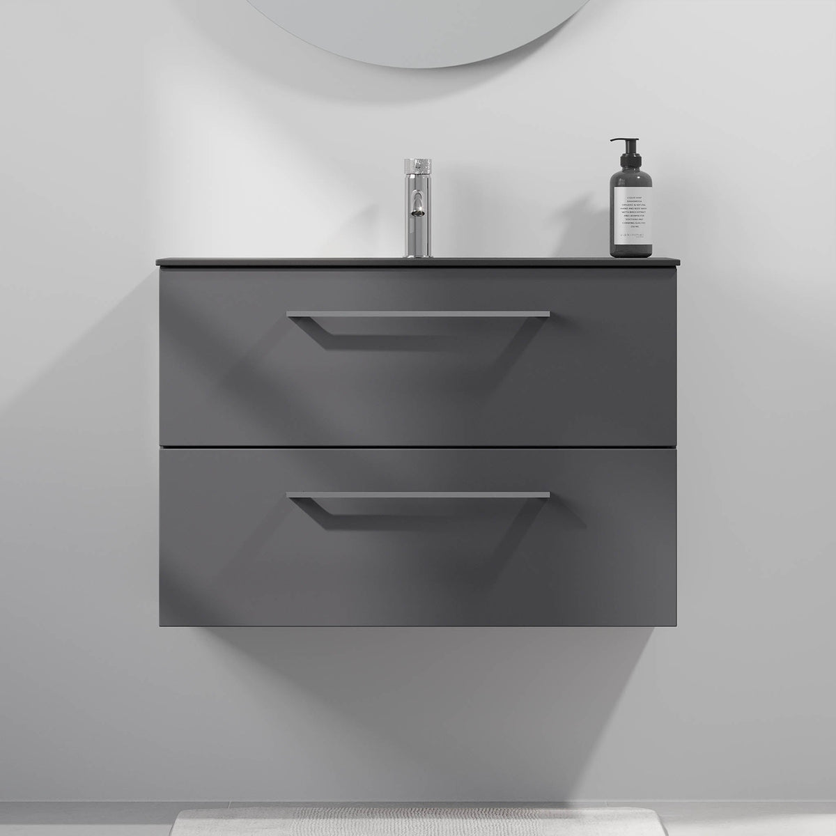 Badmøbel med klassisk front - 80x36x57 cm - SLIM - Antracitgrå - Håndvask i mat sort solid surface med kvartssten - Horten