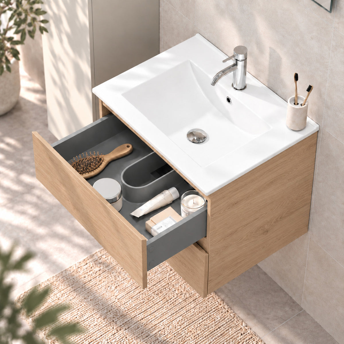 Badeværelsesmøbel med integreret vask 60 cm i eg - Kenwood