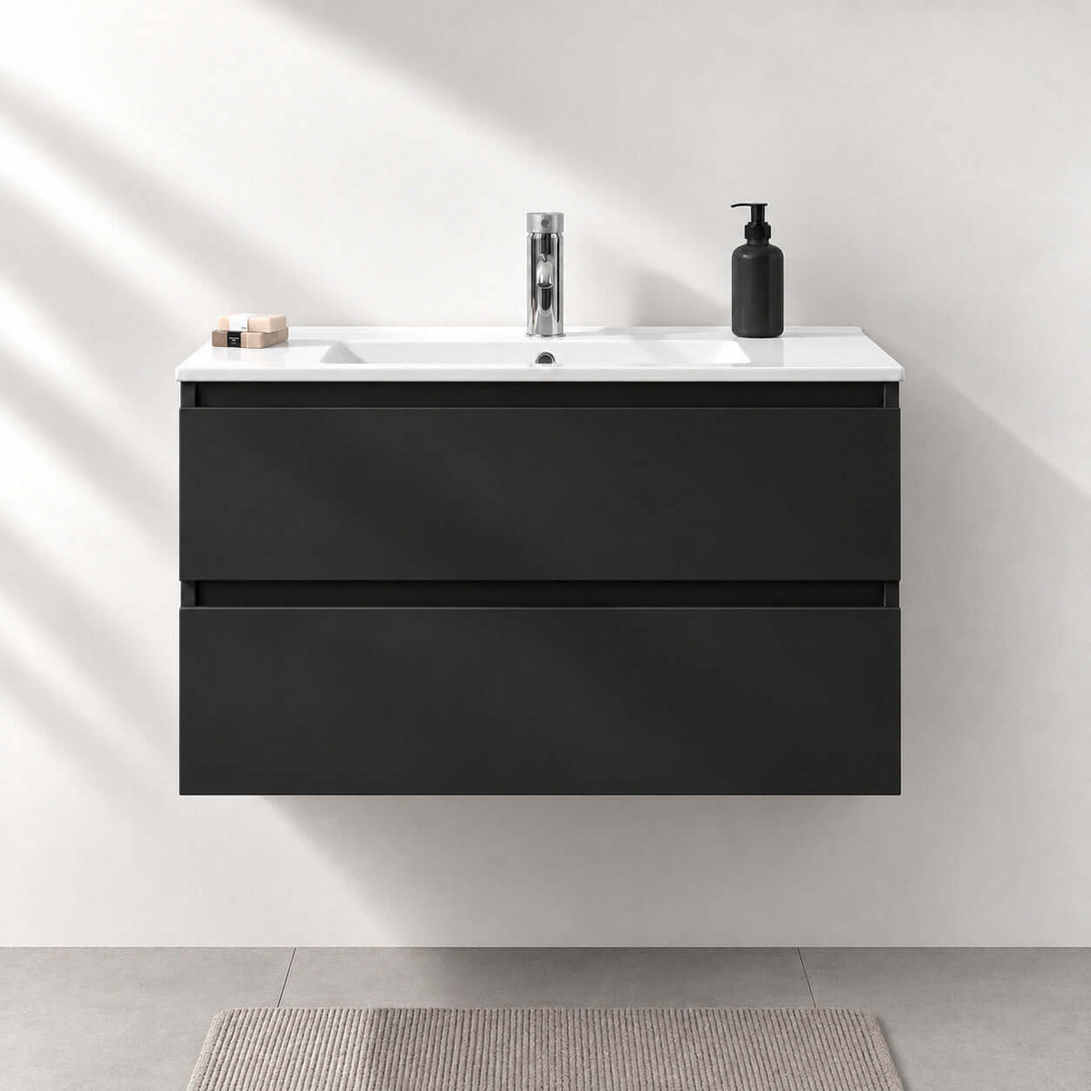 Badeværelsesmøbel 90 cm i mat sort med porcelænsvask - Kenwood