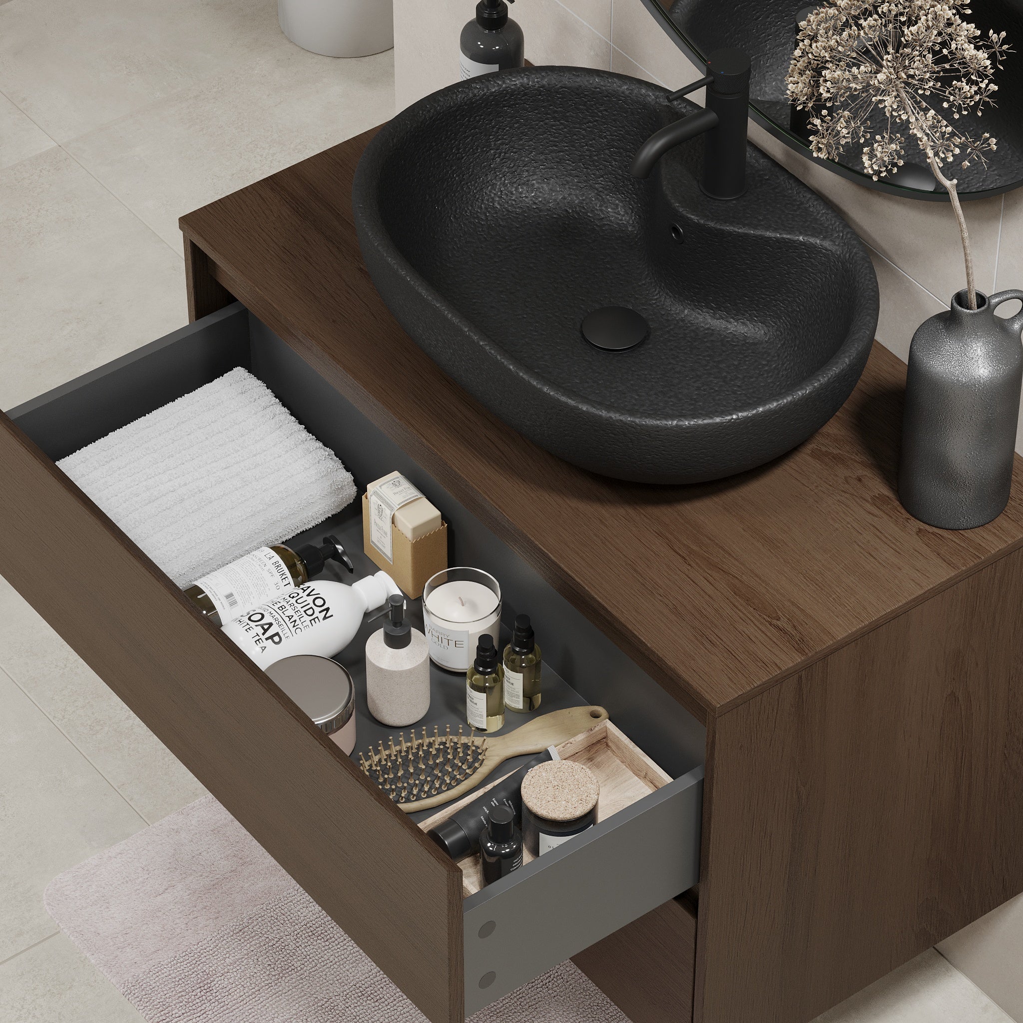 Seiland Badmøbel m/Bordplade og vask, Valnød