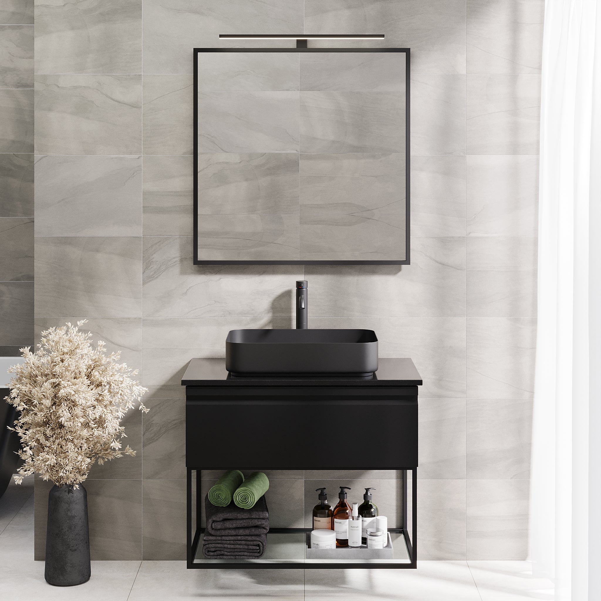 Kvitfjell Compact Badmøbel med Quarts Sort Bordplade, Mat Sort, 100 cm (AFHENTNING)