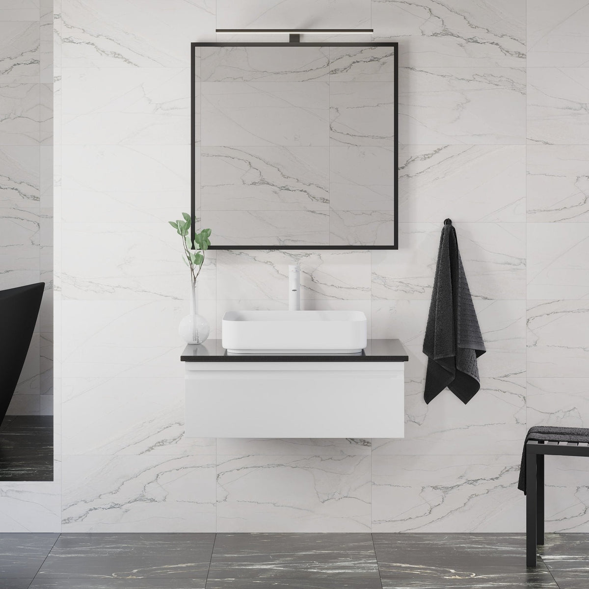 Badmøbel med moderne integreret front - 80x46x42 cm - Mat hvid - Mat hvid fritstående håndvask i rustfrit stål - Bordplade i mat sort kvartssten - Kvinlog
