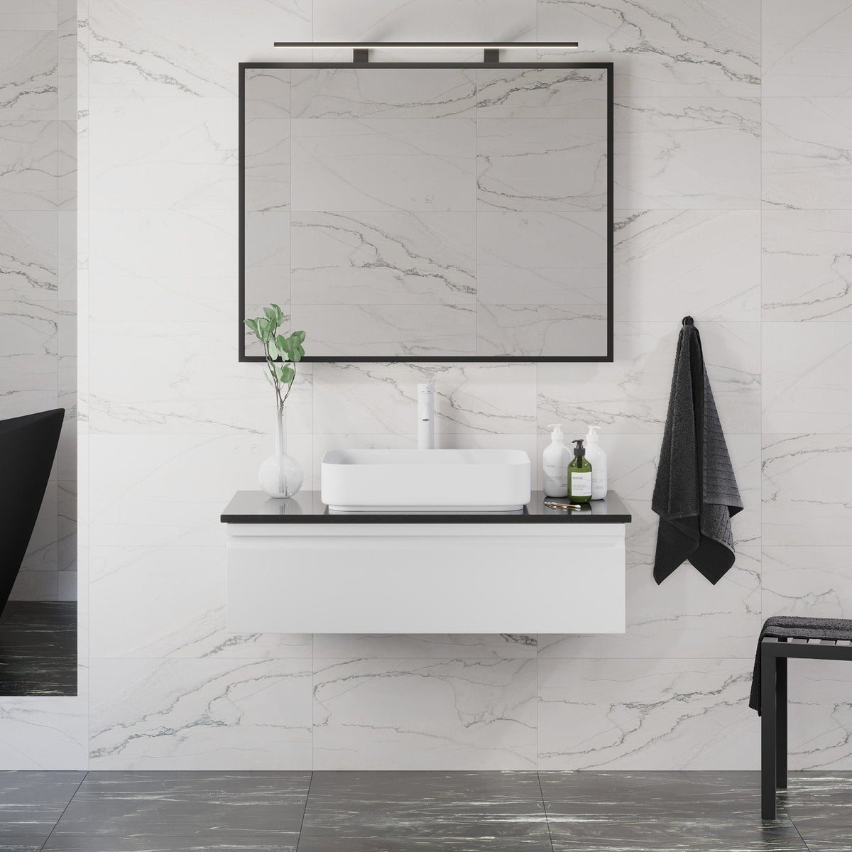 Badmøbel med moderne integreret front - 100x46x42 cm - Mat hvid - Mat hvid fritstående håndvask i rustfrit stål - Bordplade i mat sort kvartssten - Kvinlog