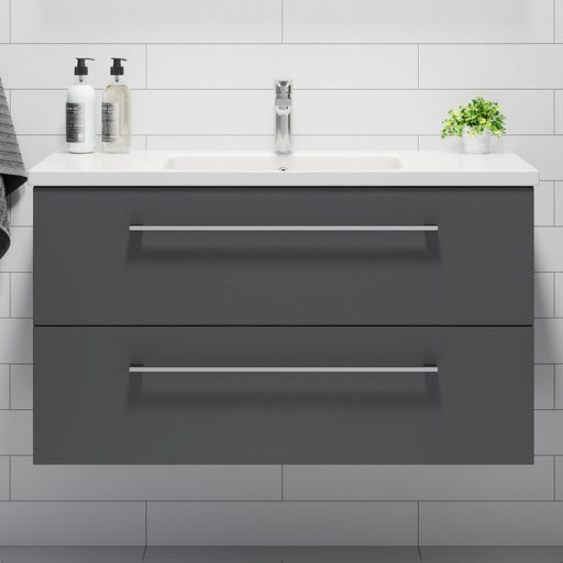 Badmøbel med klassisk front - 100x46x58 cm - Antracitgrå - Hvid keramisk håndvask - Melhus