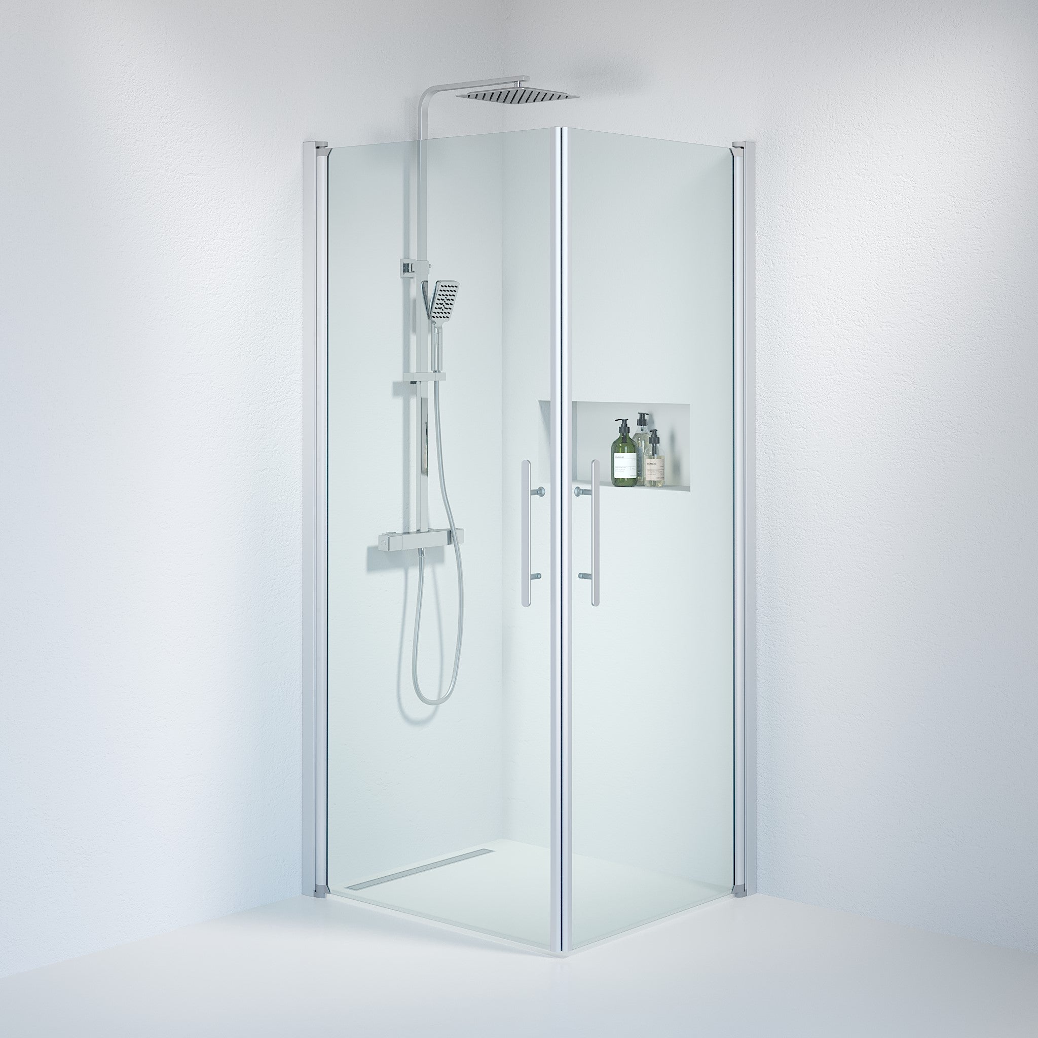 Fjäll Brusehjørne, Firkantet, Børstet Aluminium Profil, Klar Glas - Brusehjørner - BDA Living - HomeTomato - hometomato.dk