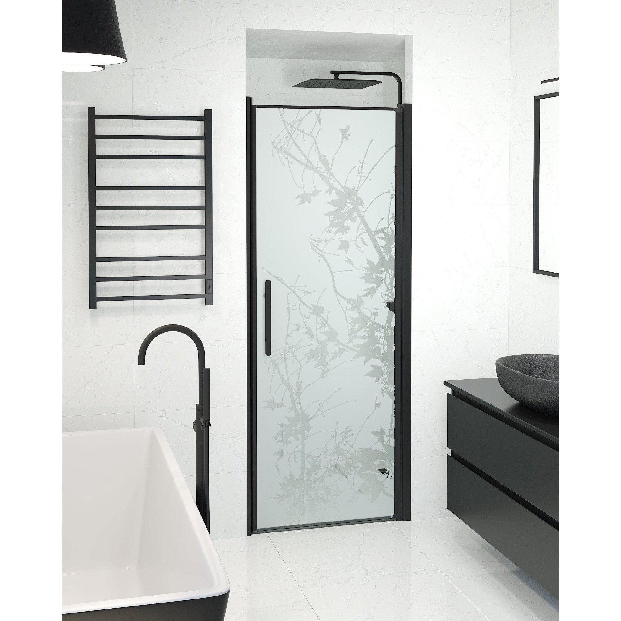 Fjäll Brusedør Til Bruseniche, Sort Profil, Frostet Decor Glas - HomeTomato - 38-080-00-54-00 - 8595677139129