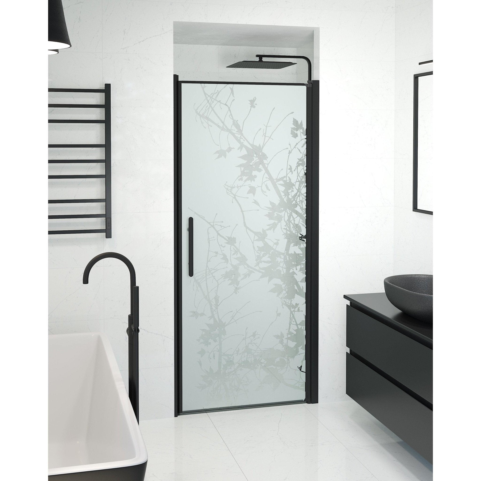 Fjäll Brusedør Til Bruseniche, Sort Profil, Frostet Decor Glas - HomeTomato - 38-090-00-54-00 - 8595677139242