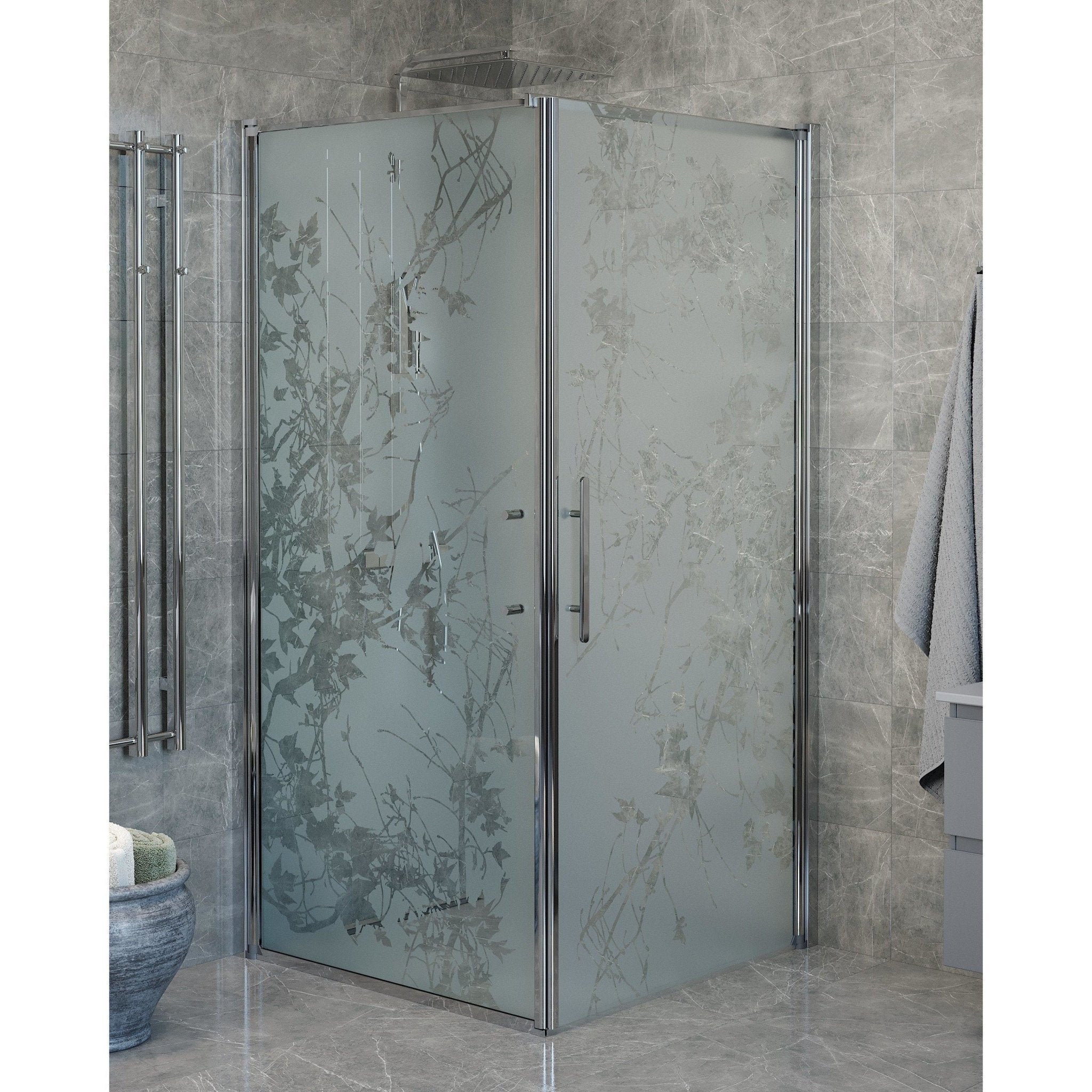 Fjäll Brusehjørne, Dør + Væg, Krom Profil, Frostet Decor Glas - HomeTomato - 40-101-01-54-00 - 8595677140224