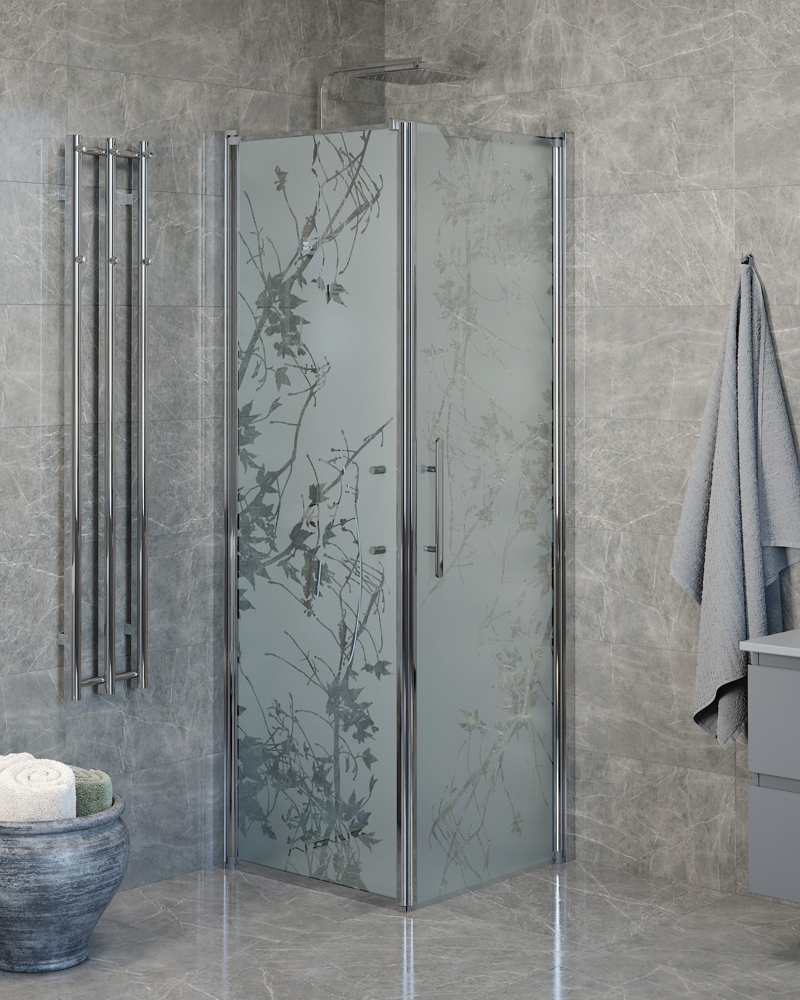 Fjäll Brusehjørne, Dør + Væg, Krom Profil, Frostet Decor Glas - HomeTomato - 40-707-01-54-00 - 8595677139501