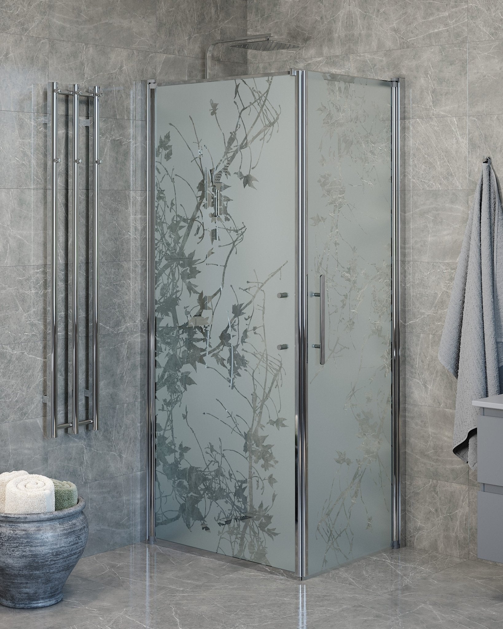 Fjäll Brusehjørne, Dør + Væg, Krom Profil, Frostet Decor Glas - HomeTomato - 40-907-01-54-00 - 8595677139662