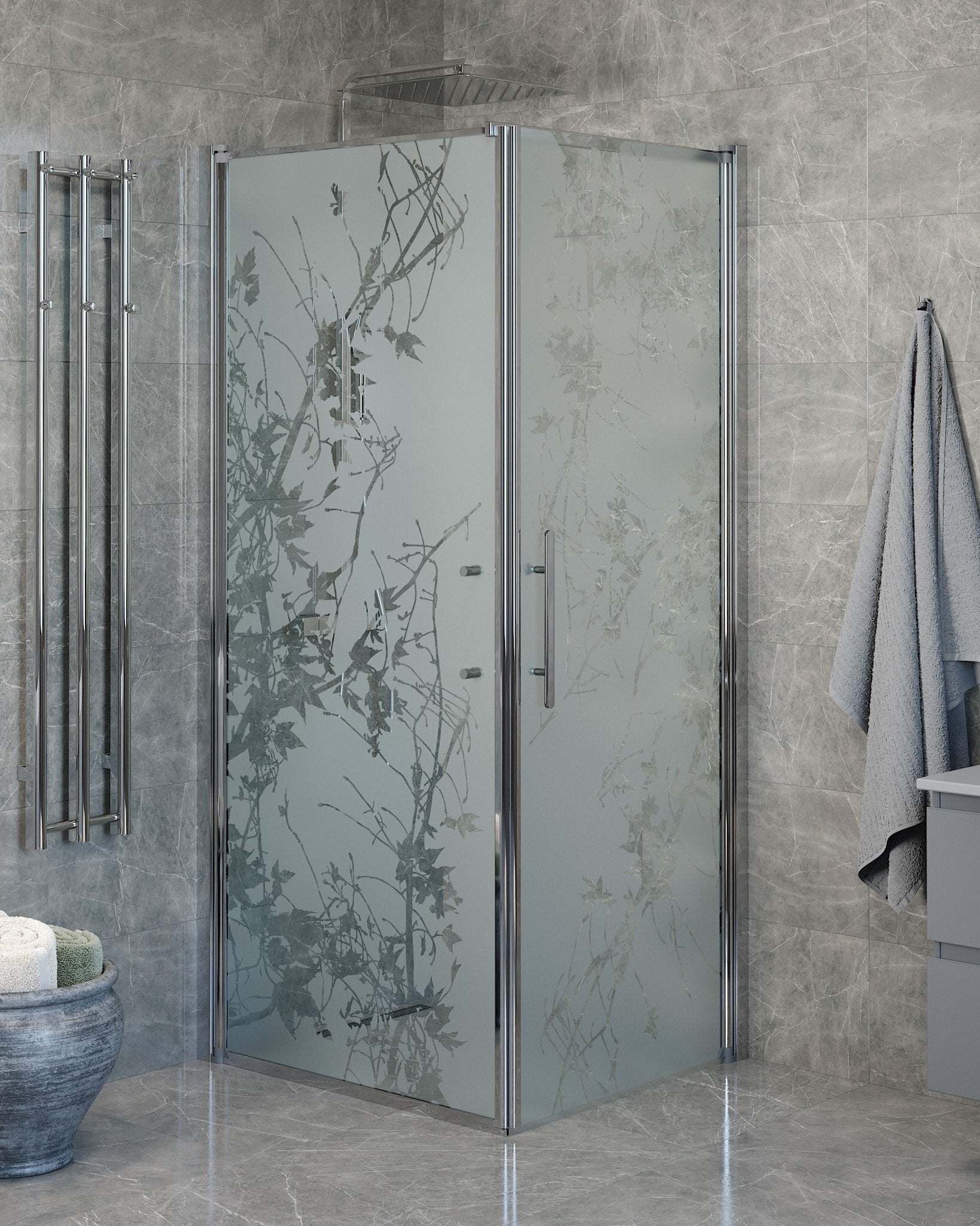 Fjäll Brusehjørne, Dør + Væg, Krom Profil, Frostet Decor Glas - HomeTomato - 40-908-01-54-00 - 8595677139907