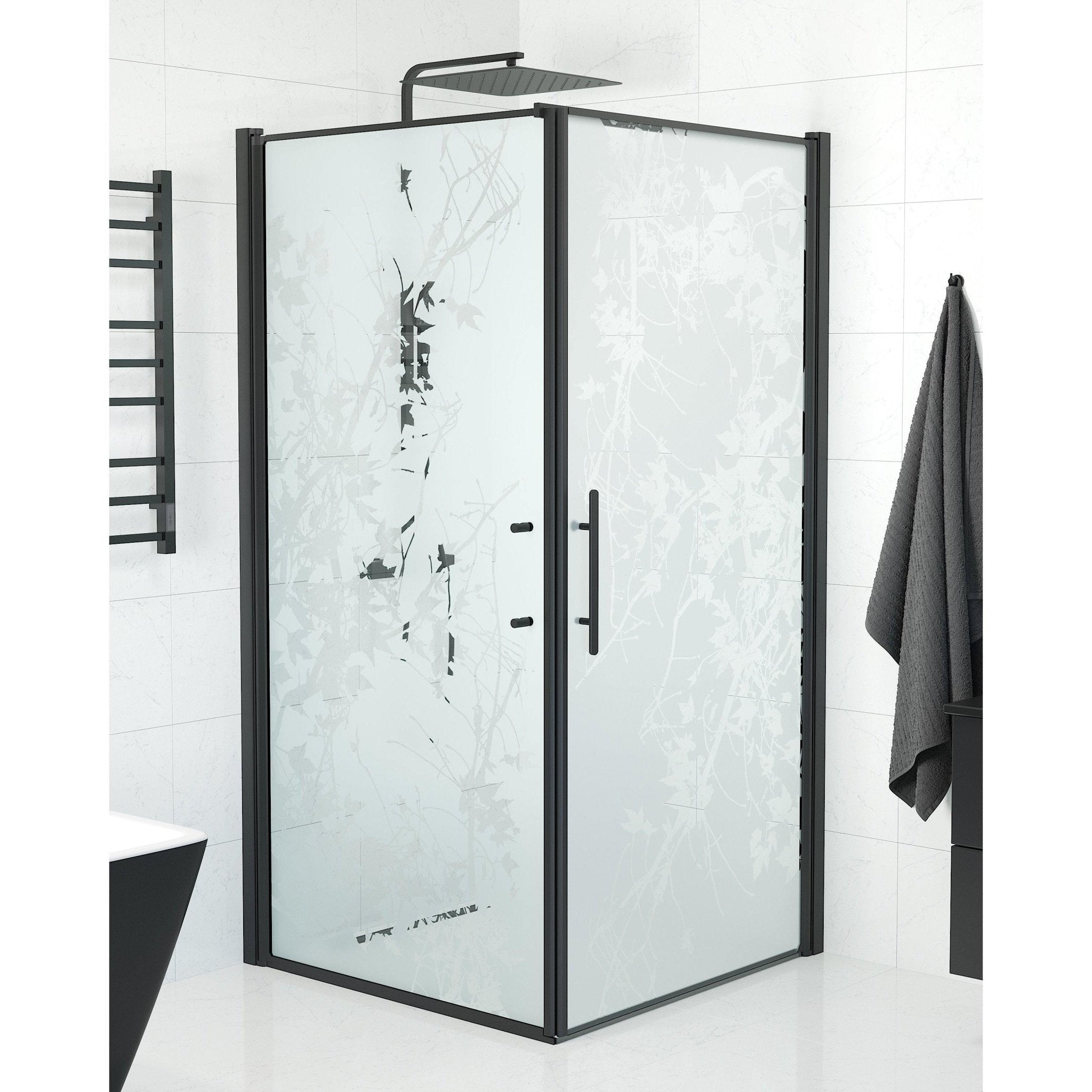 Fjäll Brusehjørne, Dør + Væg, Sort Profil, Frostet Decor Glas - HomeTomato - 40-101-00-54-00 - 8595677140187