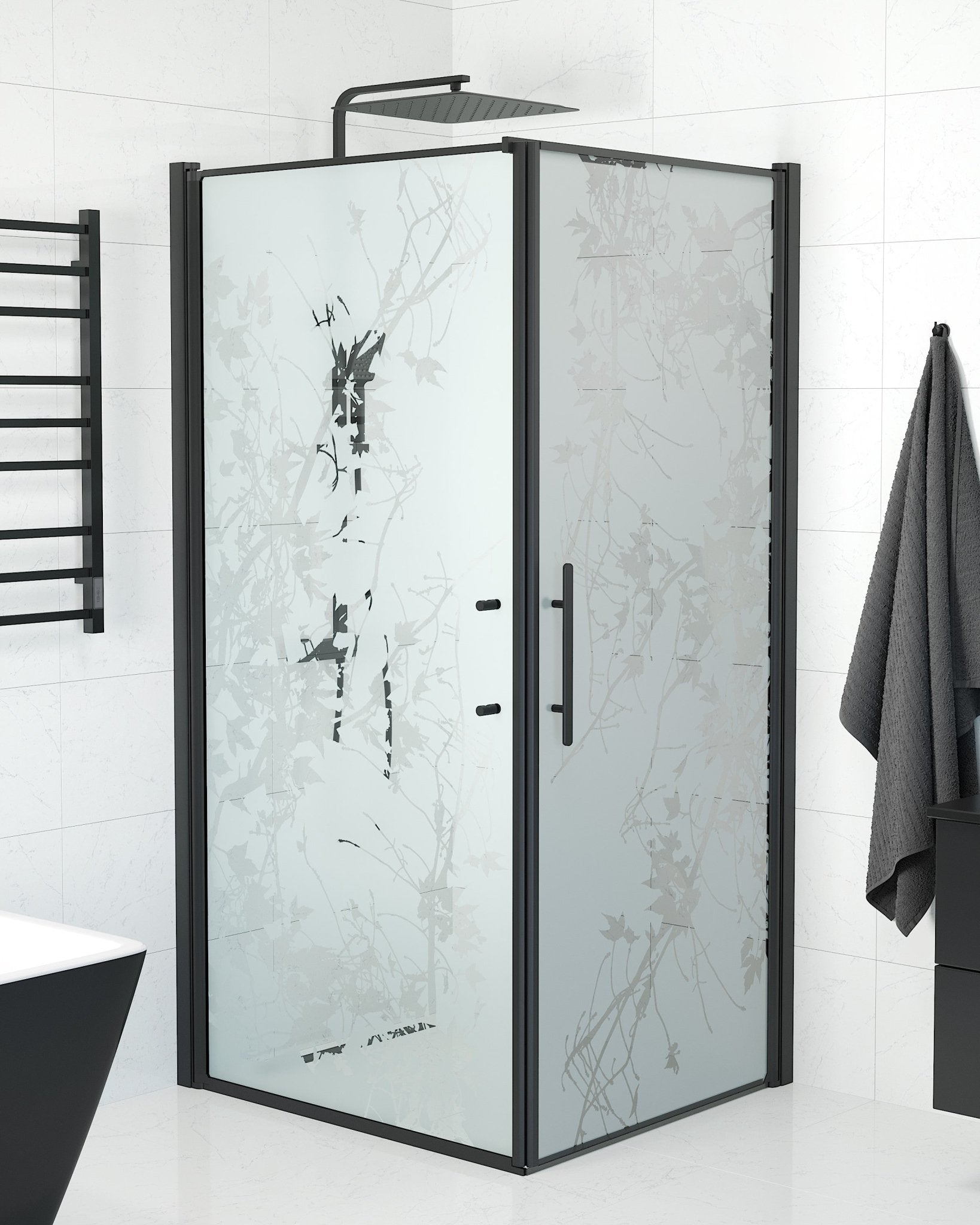 Fjäll Brusehjørne, Dør + Væg, Sort Profil, Frostet Decor Glas - HomeTomato - 40-109-00-54-00 - 8595677140101