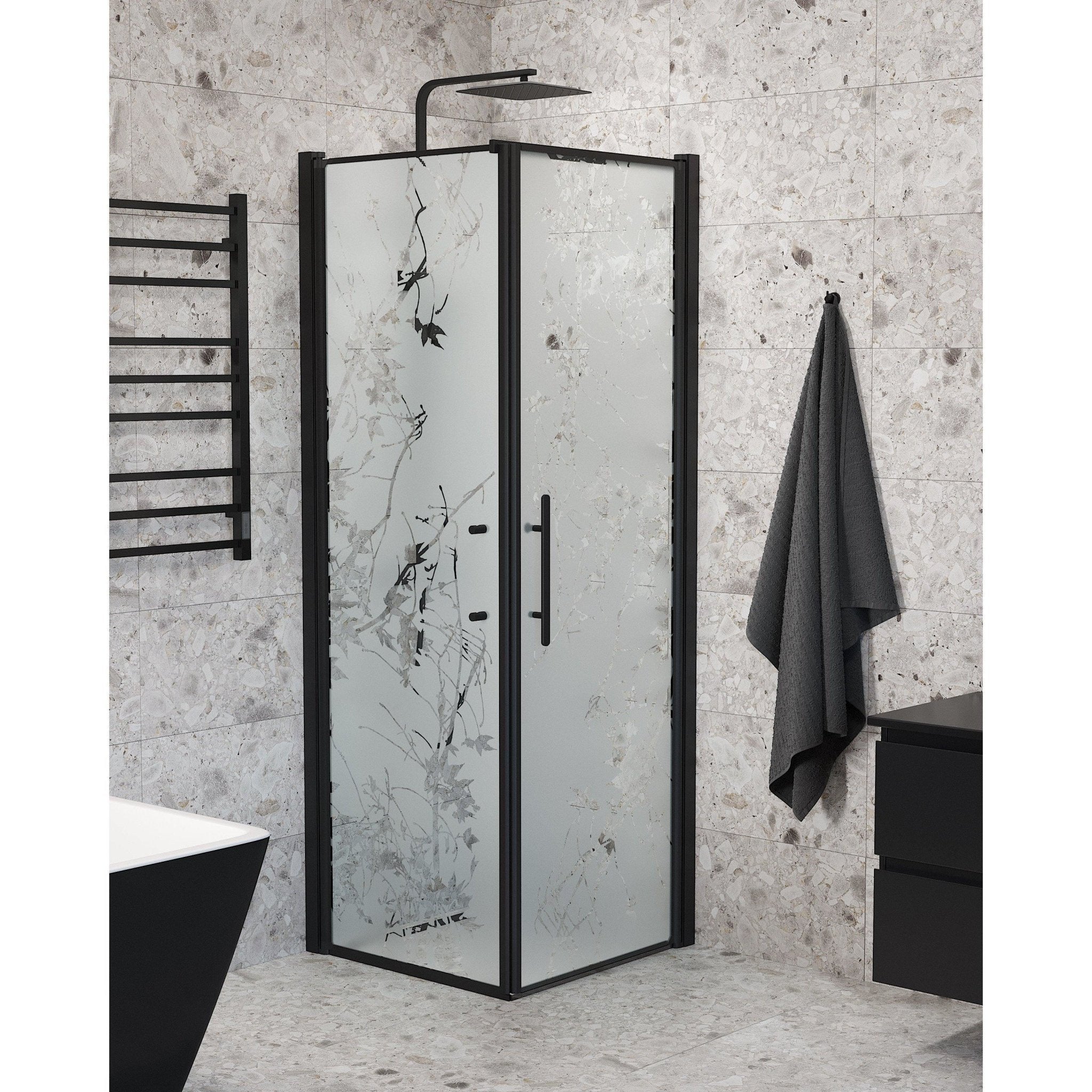 Fjäll Brusehjørne, Dør + Væg, Sort Profil, Frostet Decor Glas - HomeTomato - 40-707-00-54-00 - 8595677139464