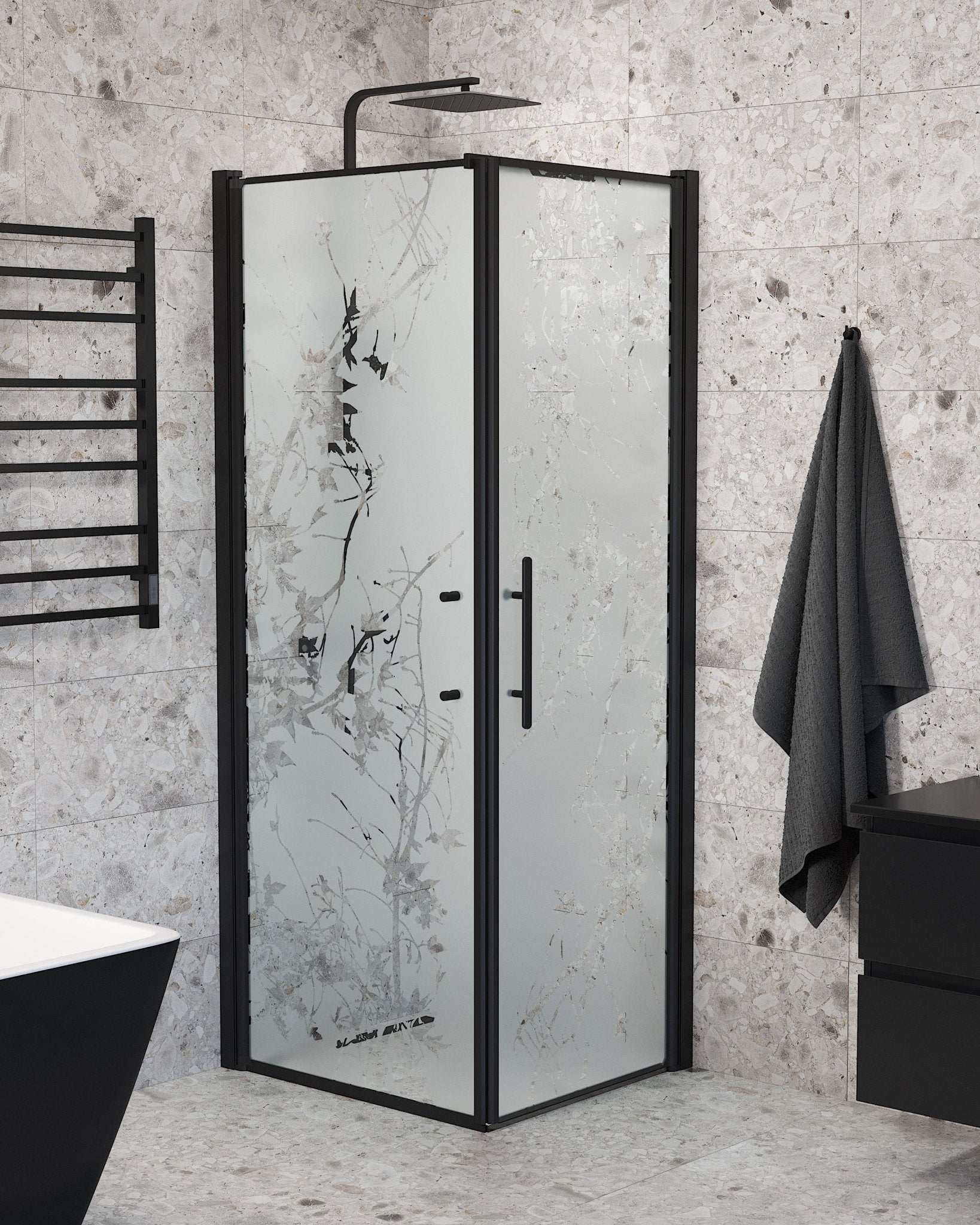 Fjäll Brusehjørne, Dør + Væg, Sort Profil, Frostet Decor Glas - HomeTomato - 40-807-00-54-00 - 8595677139549