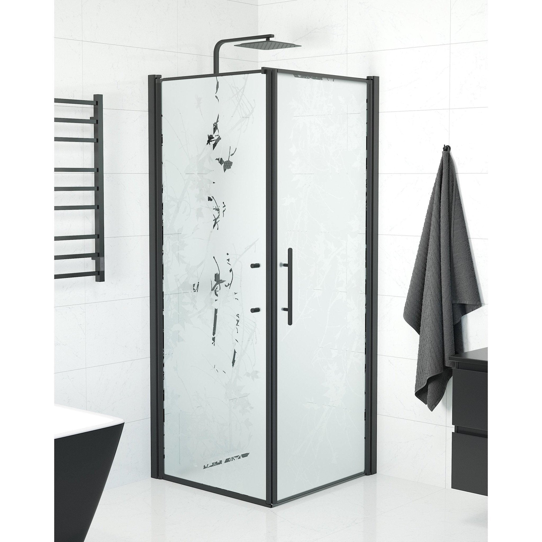 Fjäll Brusehjørne, Dør + Væg, Sort Profil, Frostet Decor Glas - HomeTomato - 40-808-00-54-00 - 8595677139785