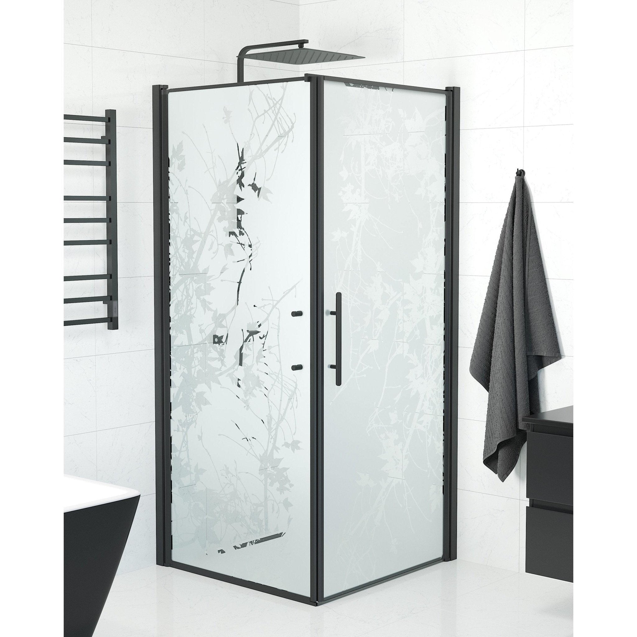 Fjäll Brusehjørne, Dør + Væg, Sort Profil, Frostet Decor Glas - HomeTomato - 40-909-00-54-00 - 8595677140026