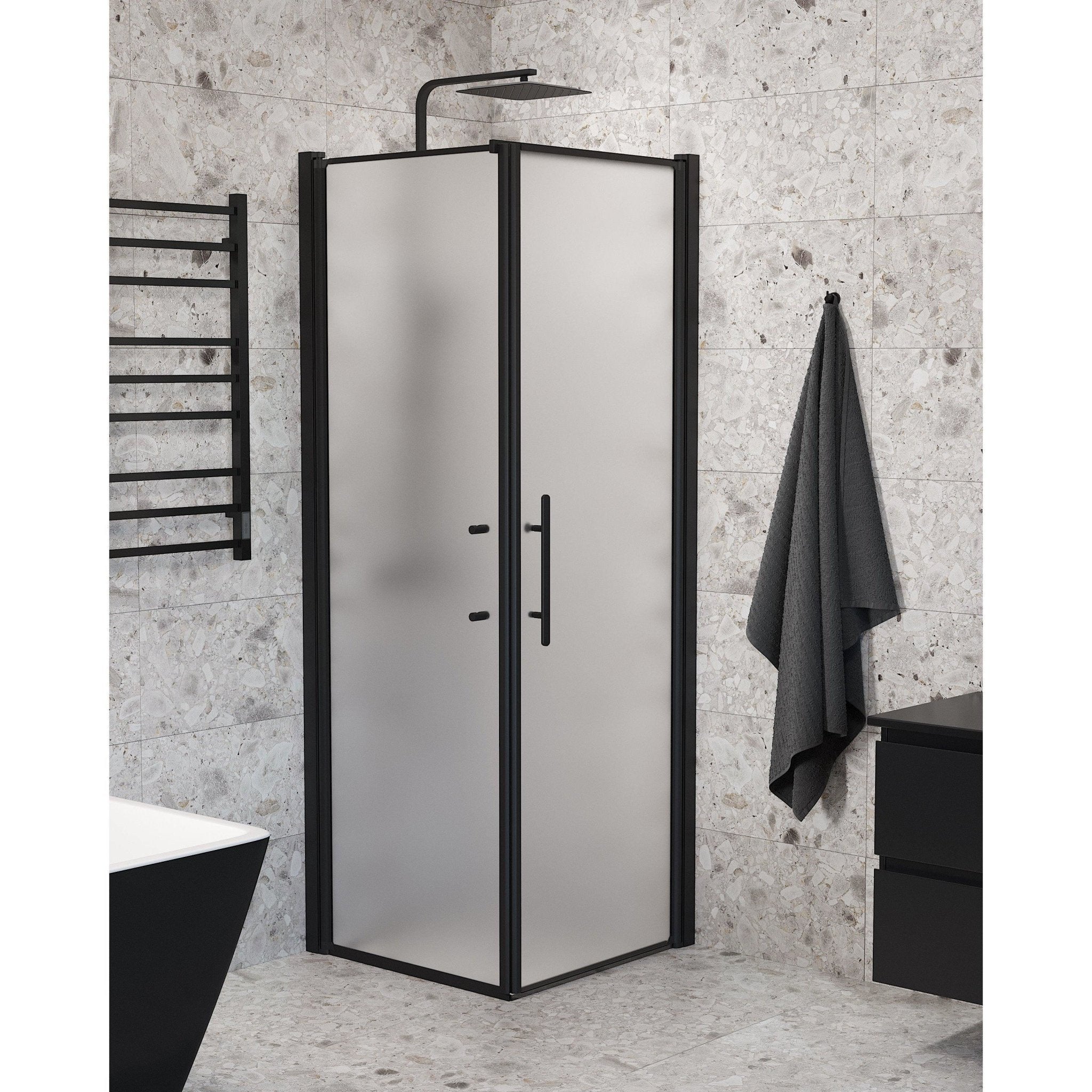 Fjäll Brusehjørne, Dør + Væg, Sort Profil, Frostet Glas - HomeTomato - 40-707-00-55-00 - 8595677139471