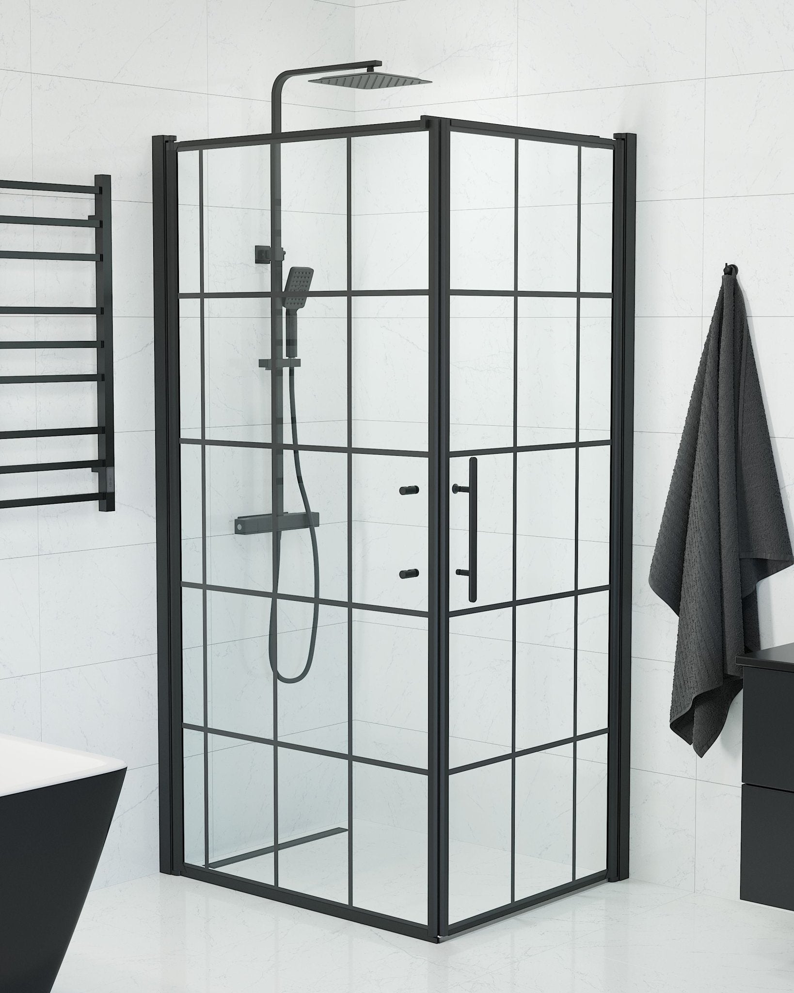 Fjäll Brusehjørne, Dør + Væg, Sort Profil, Klar Glas med Sprosser - HomeTomato - 40-108-00-59-00 - 8595677140590