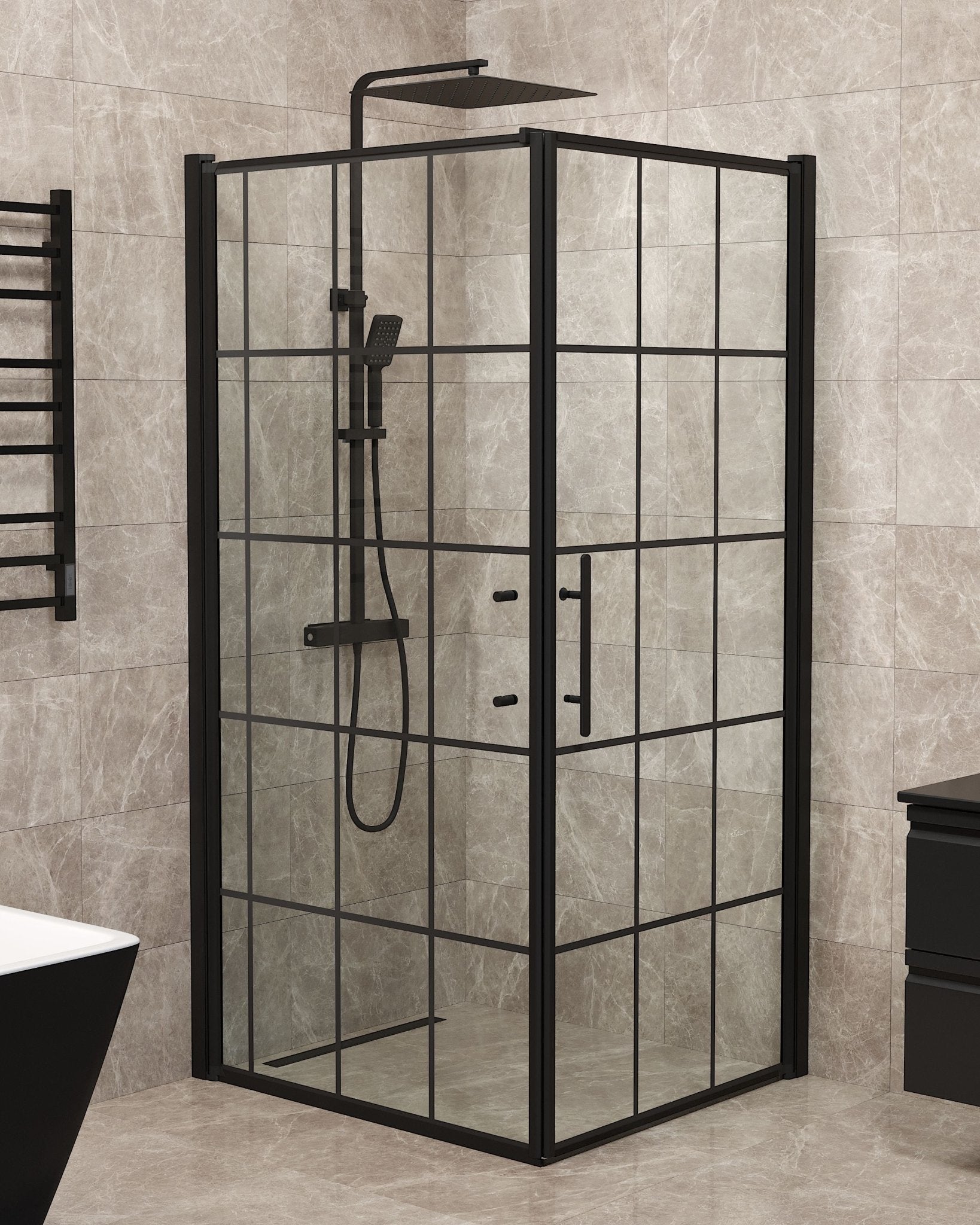 Fjäll Brusehjørne, Dør + Væg, Sort Profil, Klar Glas med Sprosser - HomeTomato - 40-109-00-59-00 - 8595677140583